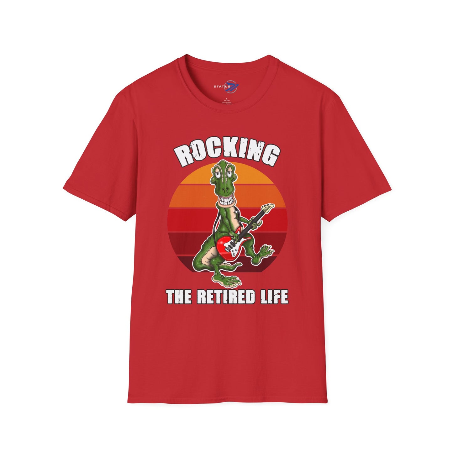 Rocking the Retired Life T-Shirt — Funny Retirement Guitar Dinosaur Tee