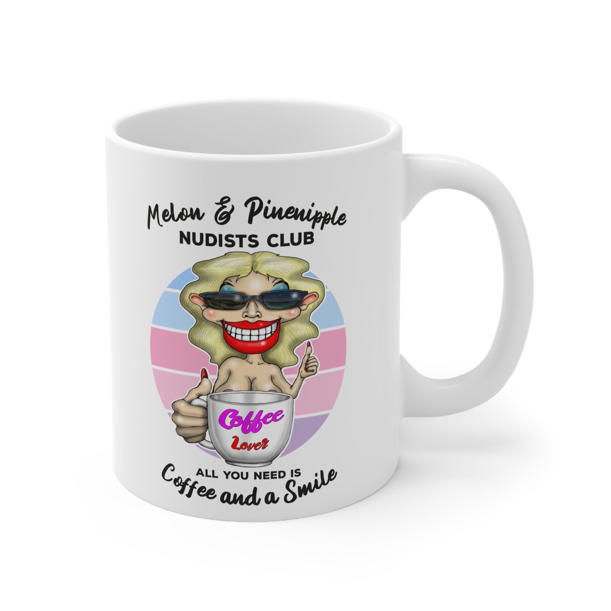 Melon & Pineapple Nudists Club Coffee Mug — "All You Need Is Coffee and a Smile" 11oz Ceramic