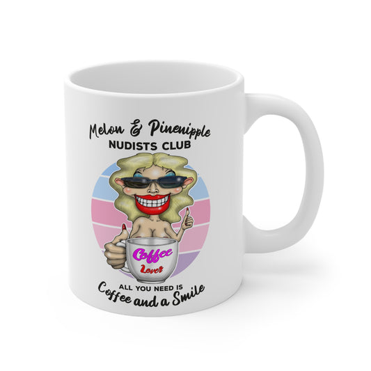 Melon & Pineapple Nudists Club Coffee Mug — "All You Need Is Coffee and a Smile" 11oz Ceramic