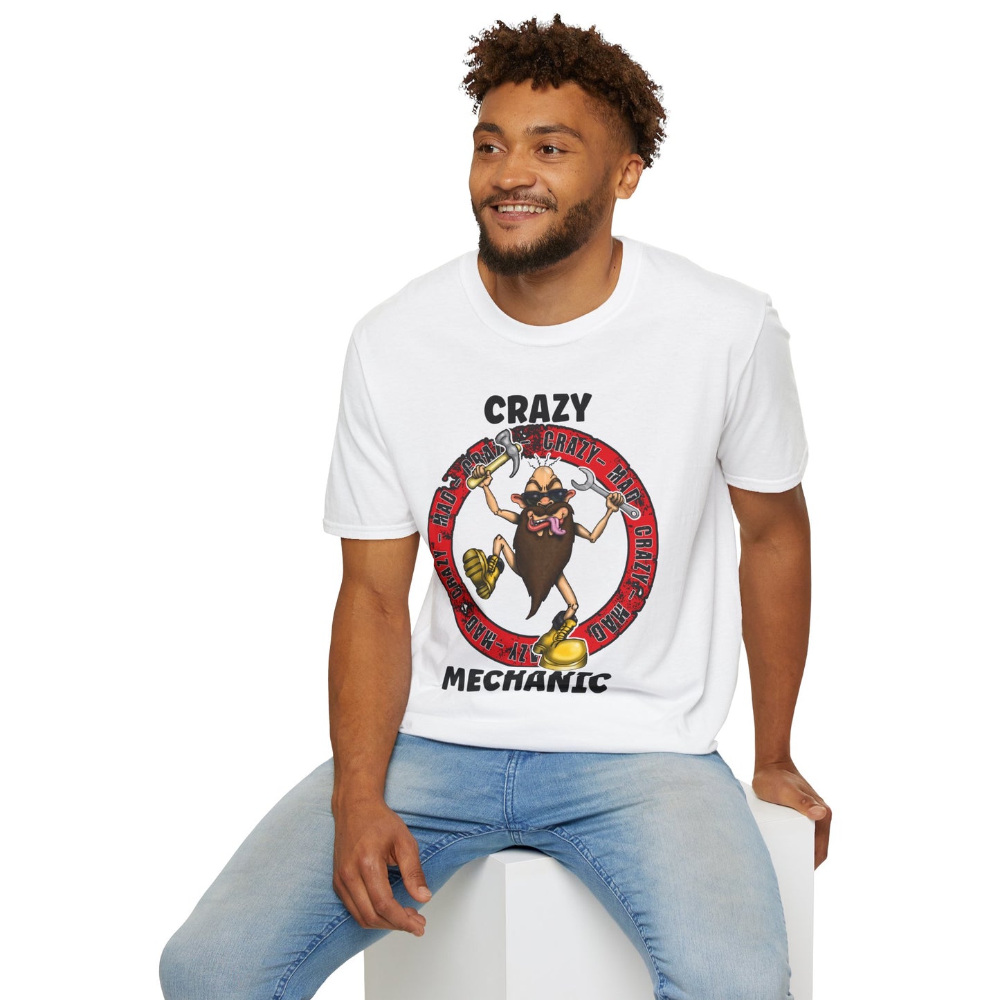 Crazy Mechanic T-Shirt — Funny Wrench Cartoon Tee for Auto Technicians