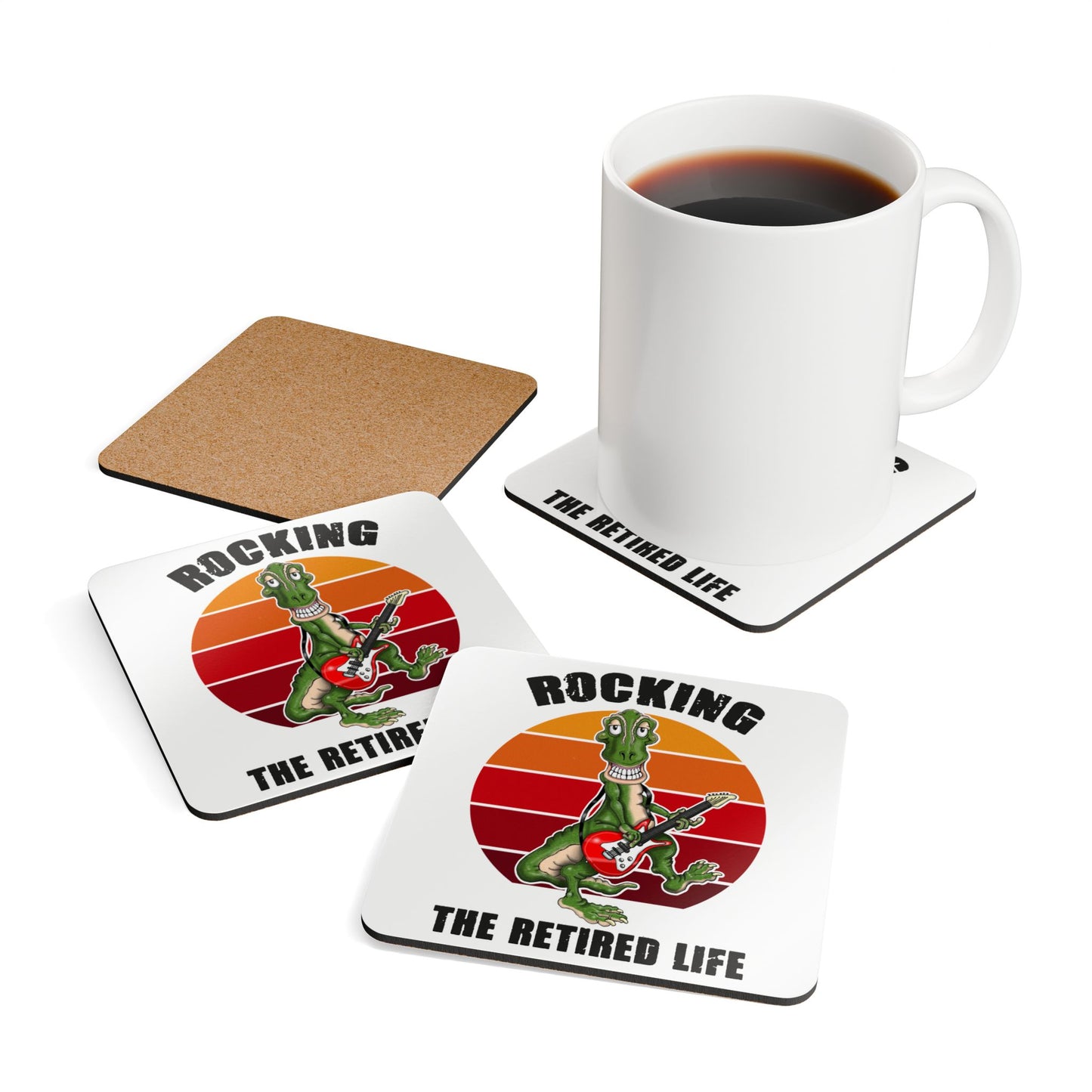 Cork Coaster Set - 'Rocking the Retired Life' Funny Guitar Dinosaur Retirement Drink Coasters