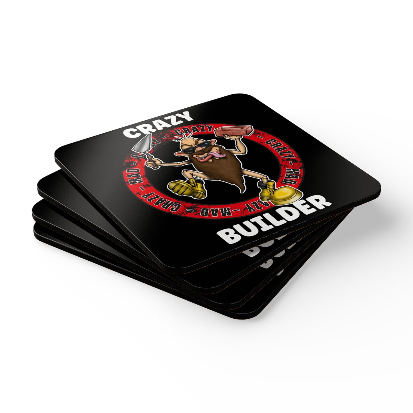 Crazy Builder Cork Coaster Set — Funny Construction Worker Drink Coasters