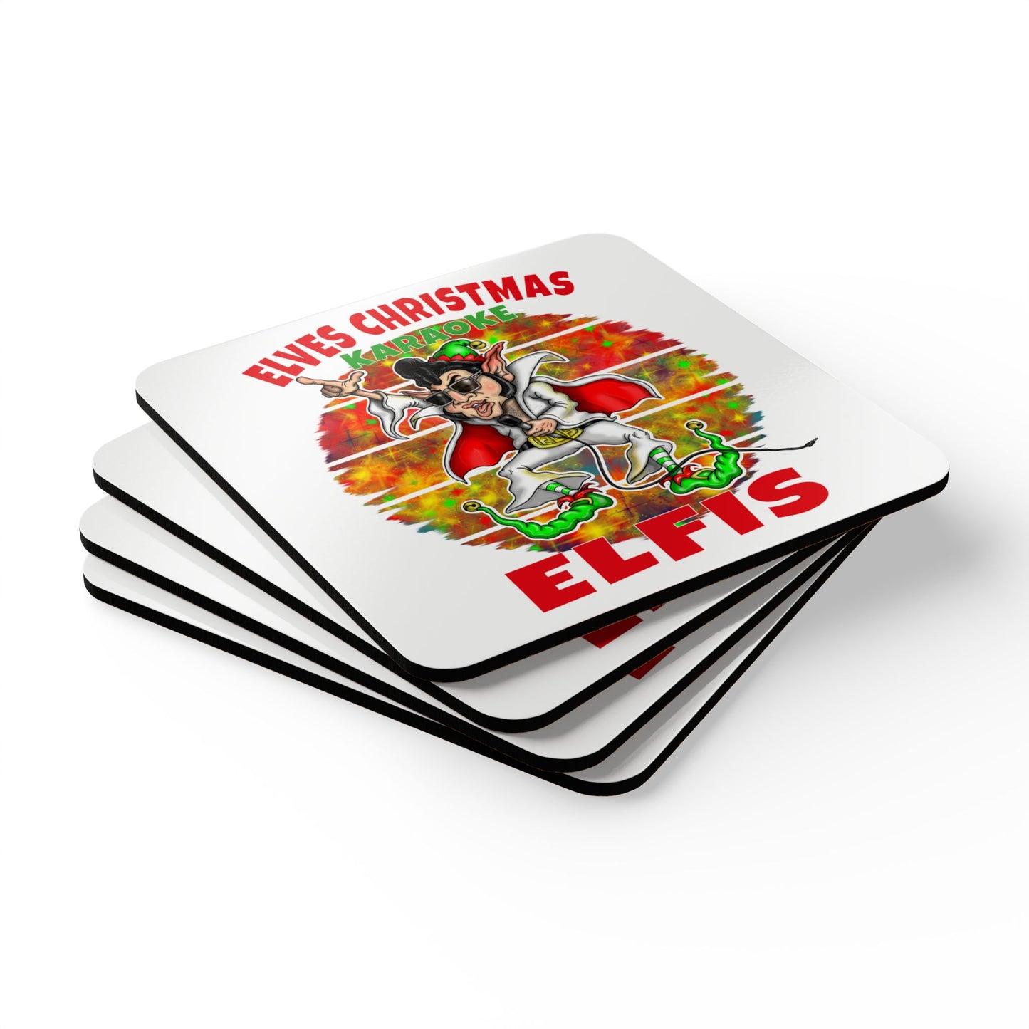 Elvis Christmas Karaoke Coaster Set — 'Elfis' Cork Drink Coasters