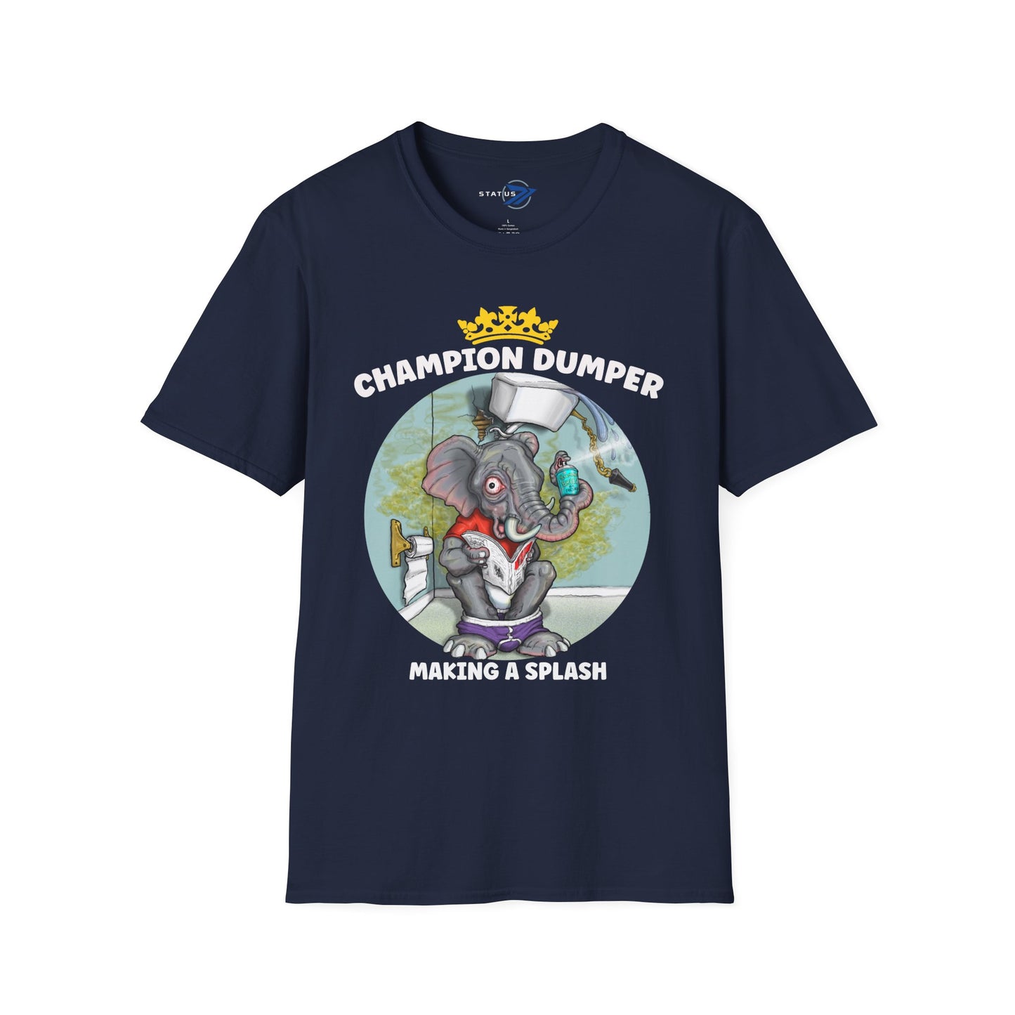 Champion Dumper T-Shirt — Funny Novelty Elephant 'Making a Splash' Tee
