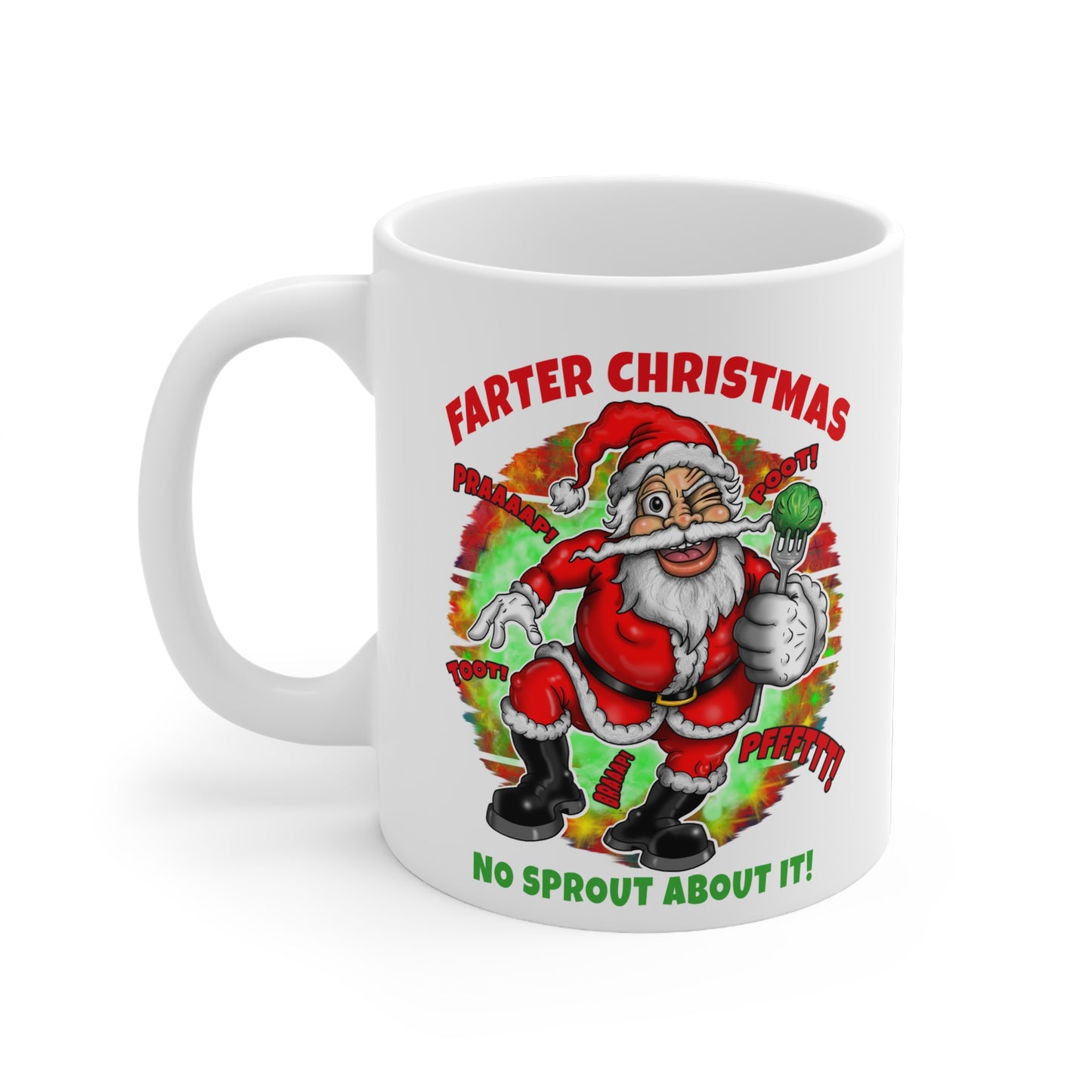Funny Christmas Mug — "Farter Christmas" Santa with Brussels Sprout (11oz)