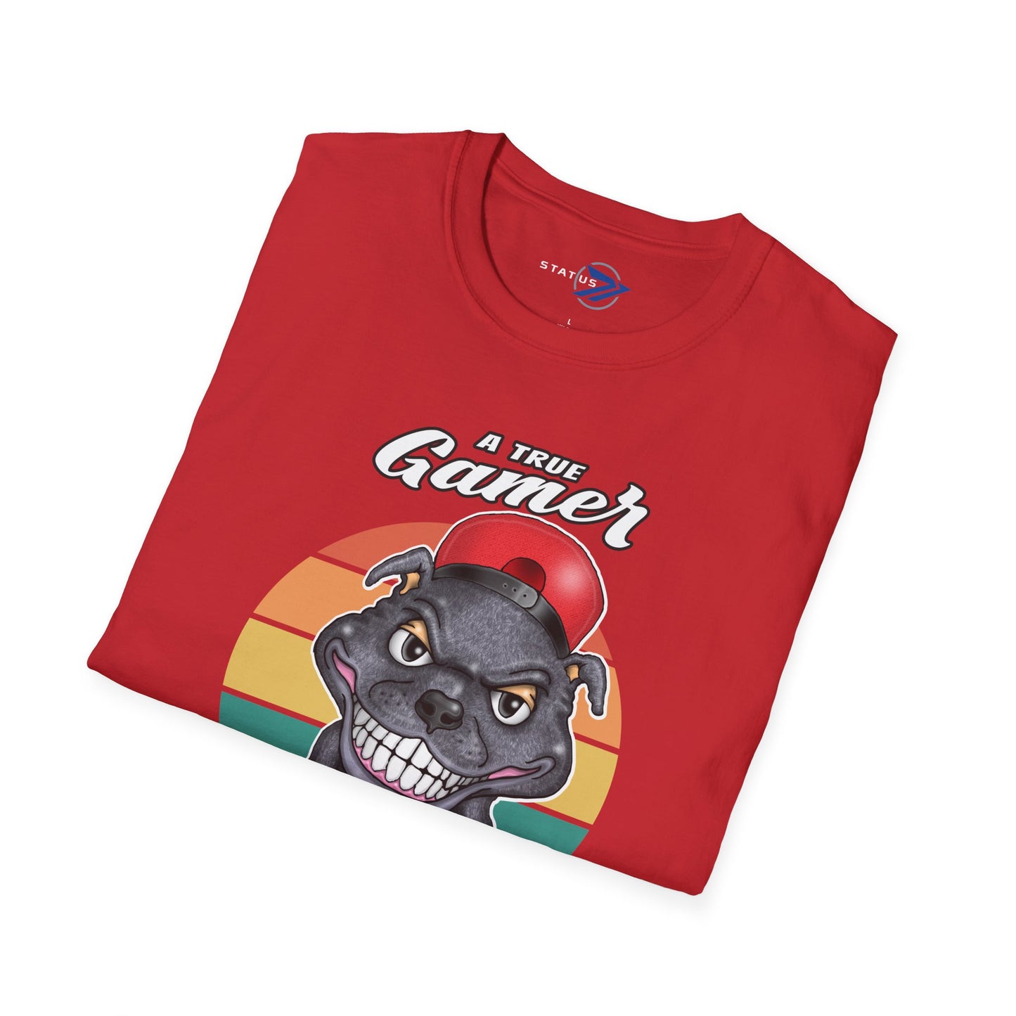A True Gamer Never Paws T-Shirt — Retro Pit Bull Holding Game Controller Graphic Tee
