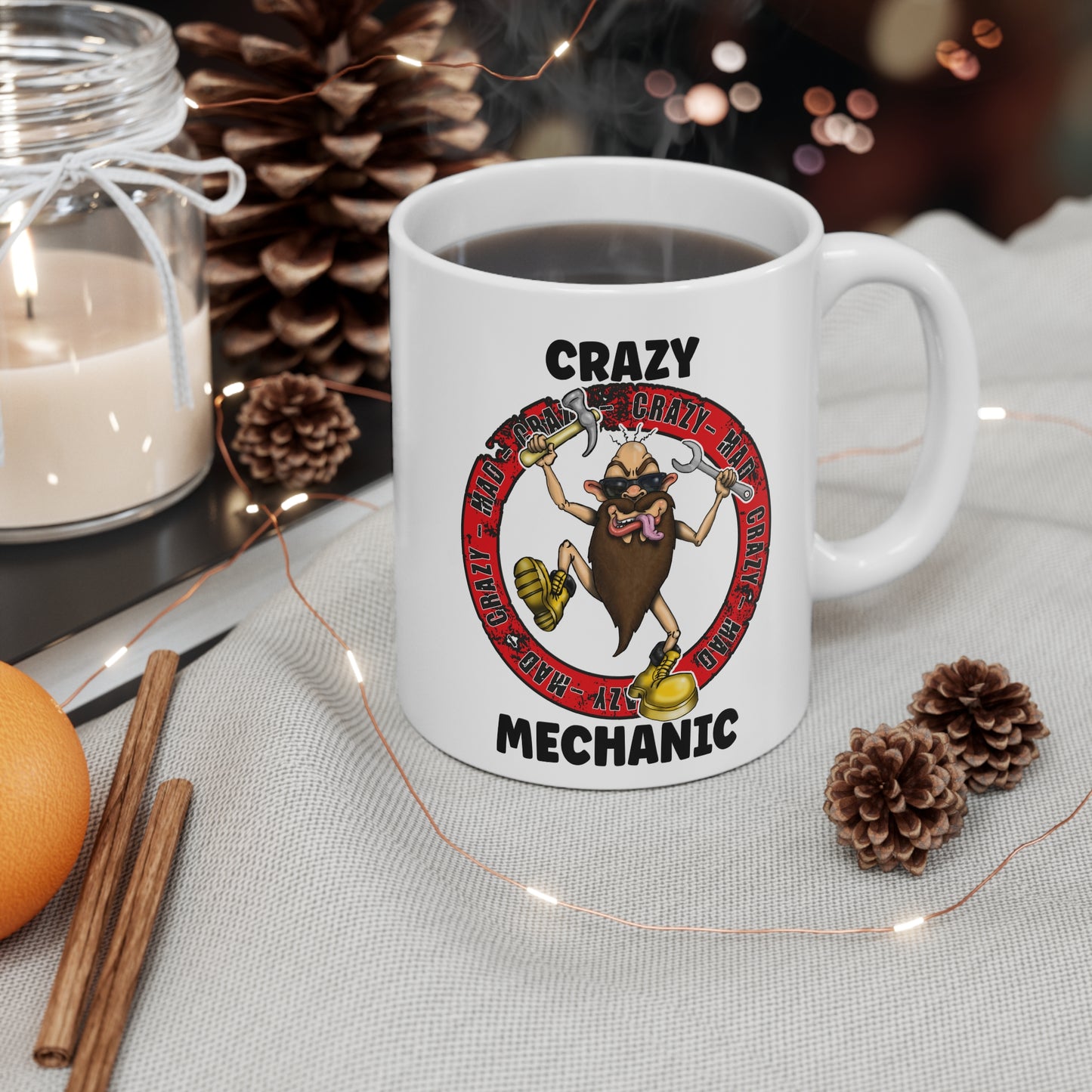 Crazy Mechanic Mug — Funny Auto Repair Coffee Cup, 'Crazy' Beard Character 11oz