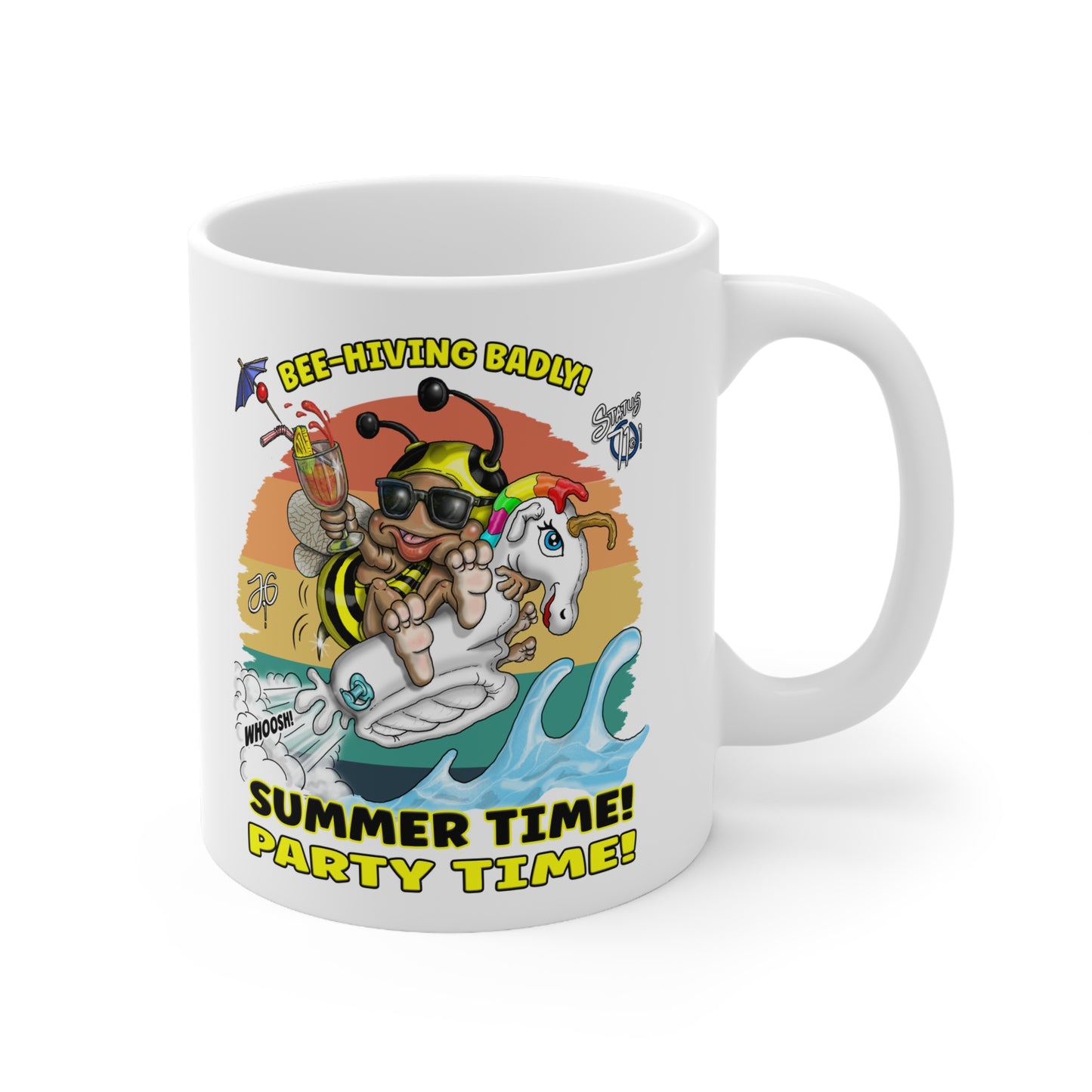 Summer Party Mug — 'Bee-Hiving Badly! Summer Time! Party Time!' Ceramic Coffee Cup