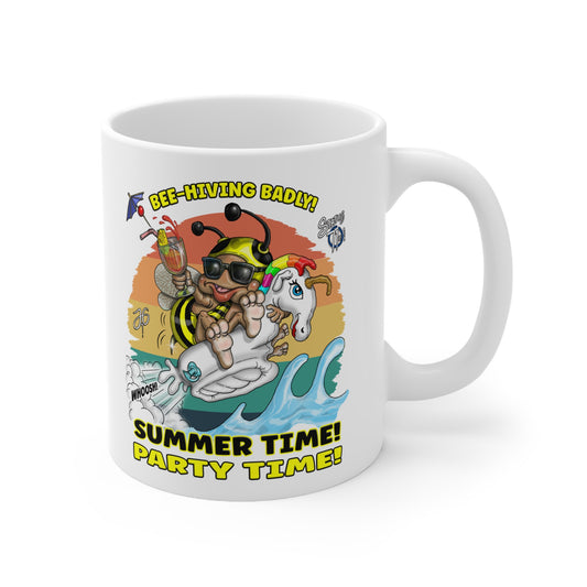 Summer Party Mug — 'Bee-Hiving Badly! Summer Time! Party Time!' Ceramic Coffee Cup