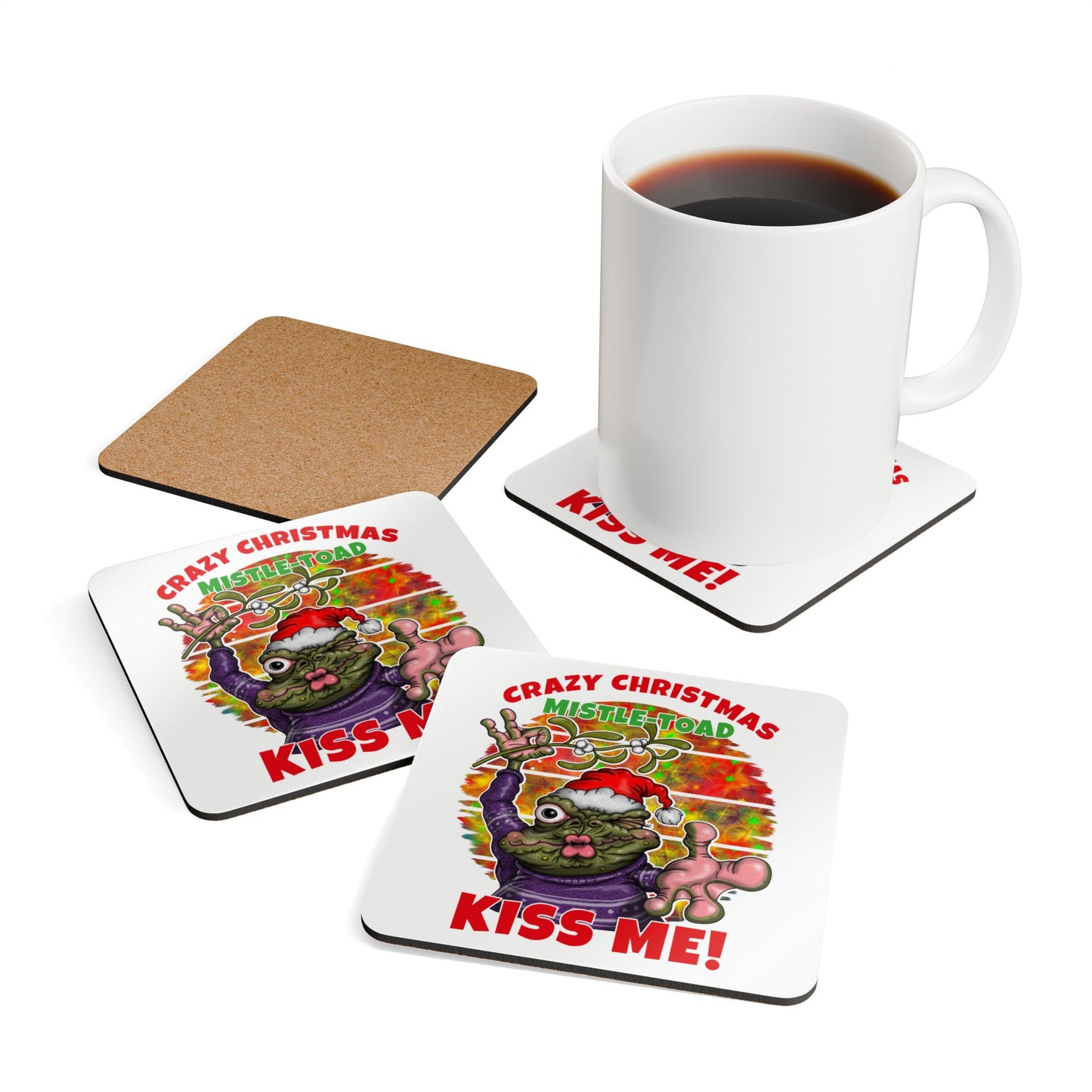 Cork Coaster Set — "Crazy Christmas Mistle-Toad Kiss Me" Holiday Drink Coasters