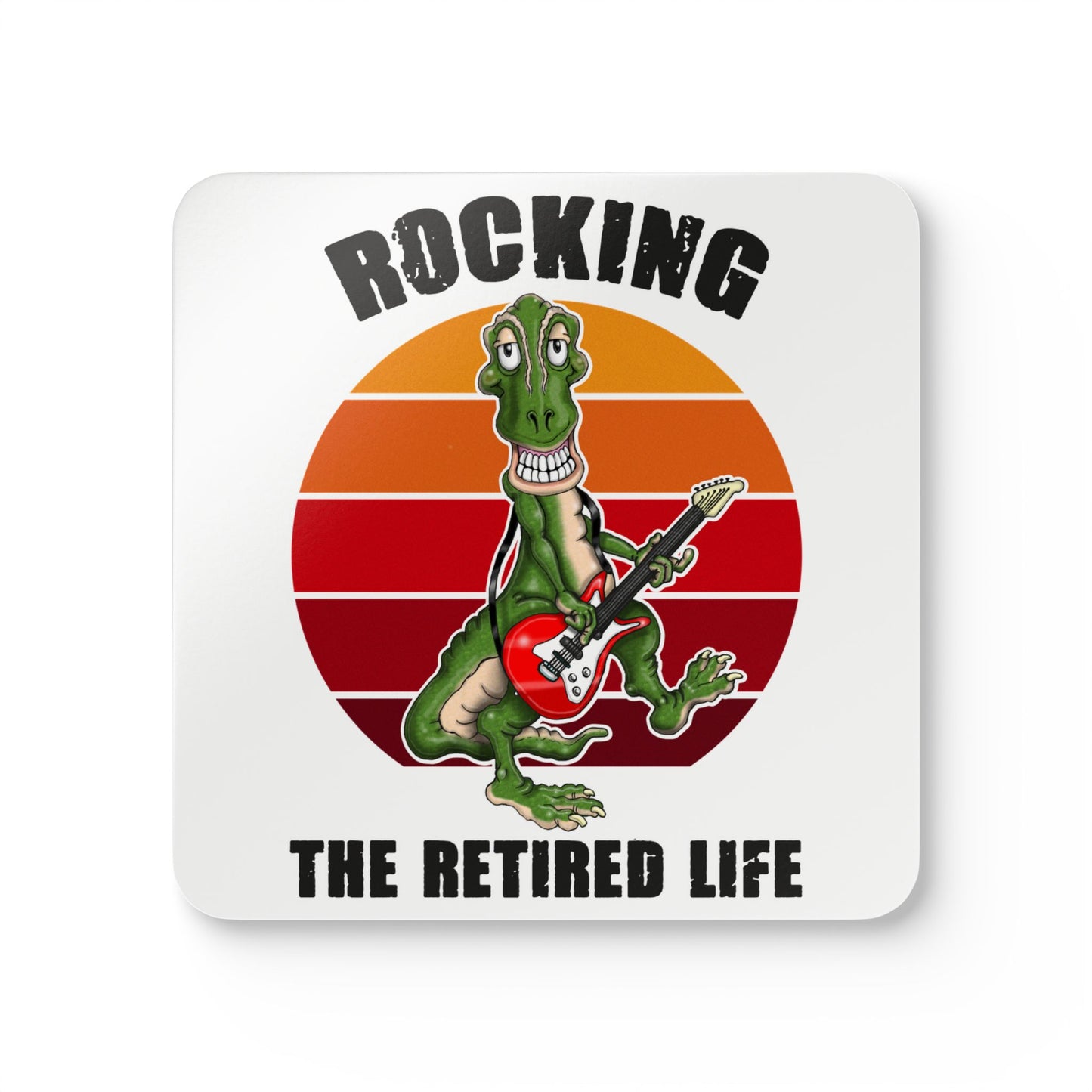 Cork Coaster Set - 'Rocking the Retired Life' Funny Guitar Dinosaur Retirement Drink Coasters