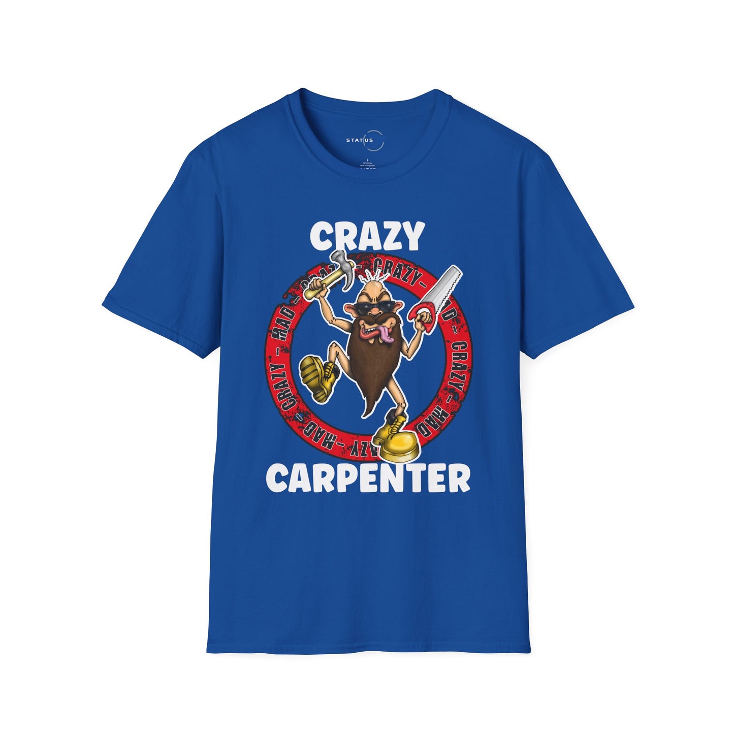 Crazy Carpenter T-Shirt — Funny Tool Mascot Tee for Woodworkers & Tradespeople