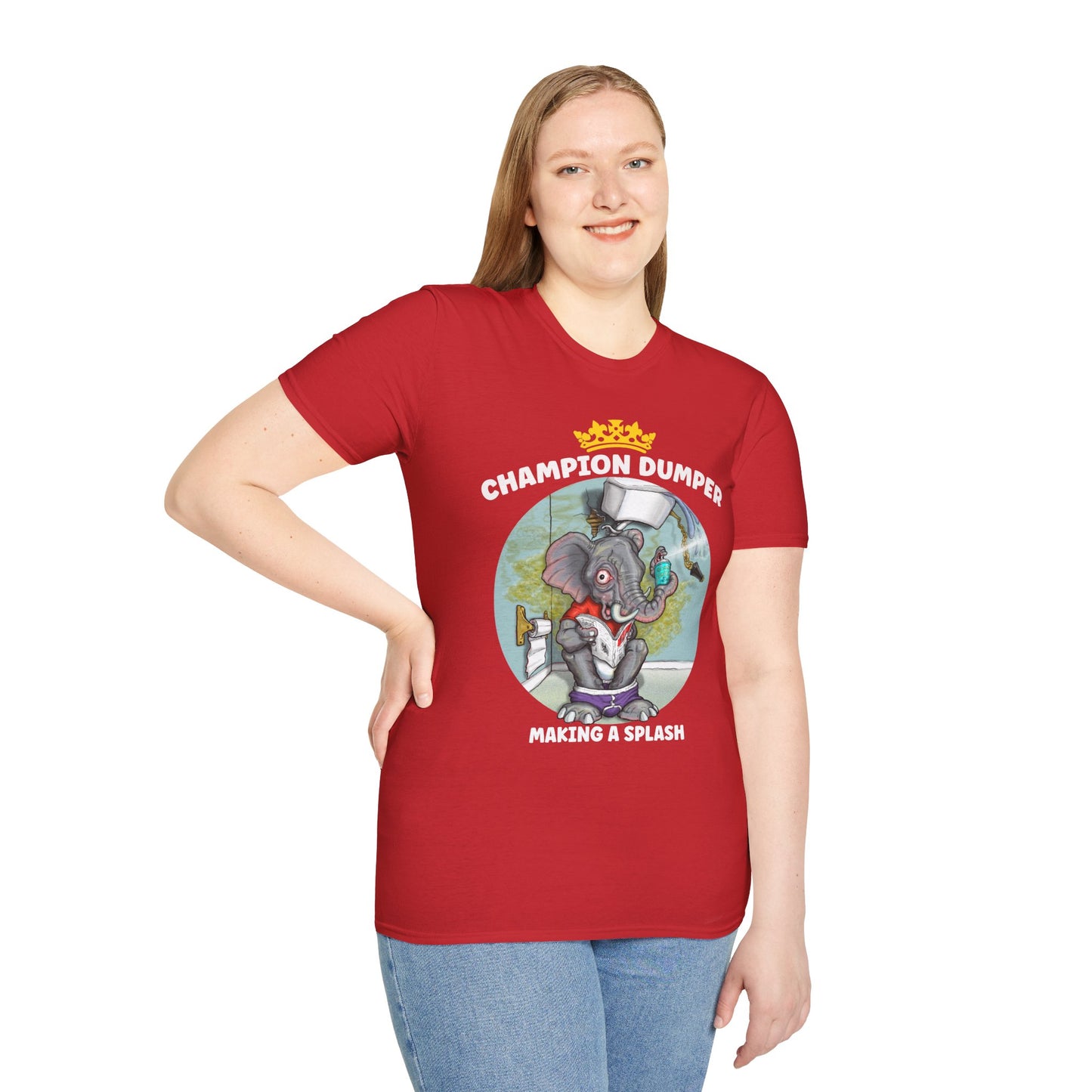Champion Dumper T-Shirt — Funny Novelty Elephant 'Making a Splash' Tee