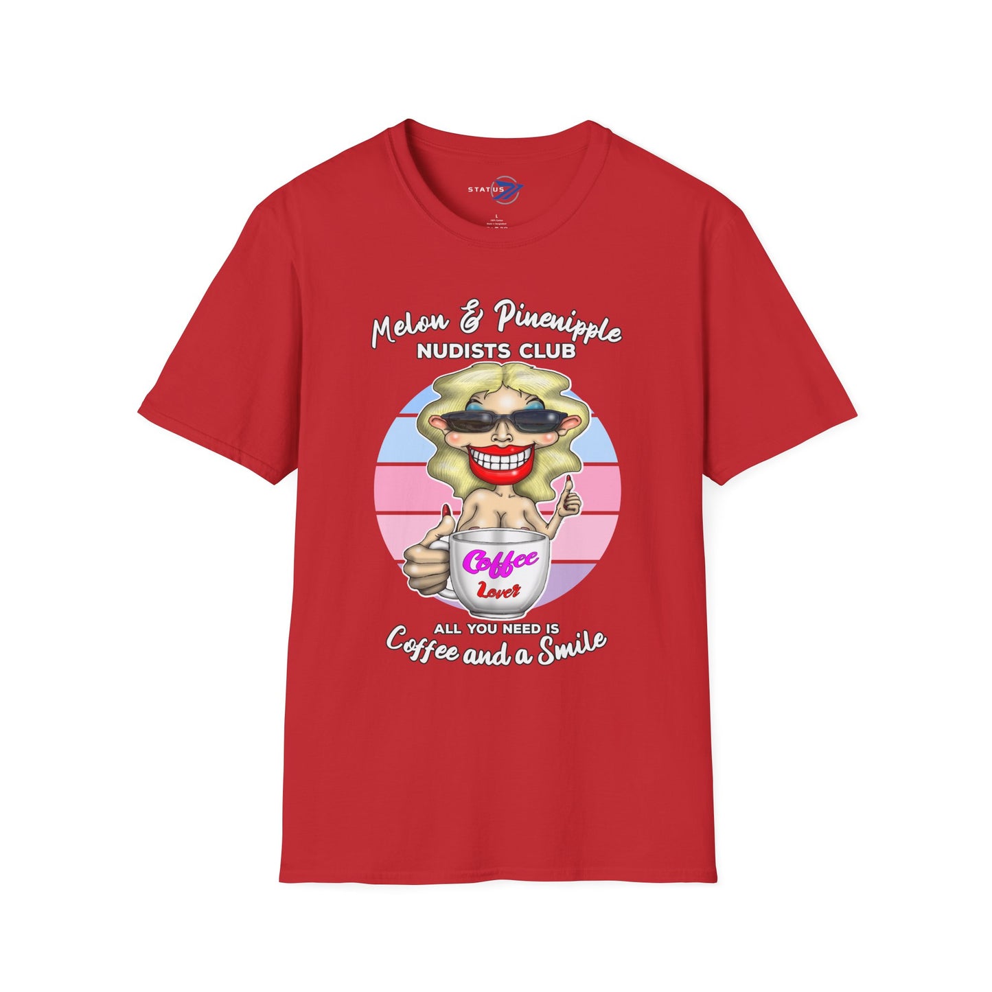 Melon & Pineapple Nudists Club T-Shirt — "All You Need Is Coffee and a Smile" Vintage Graphic Tee