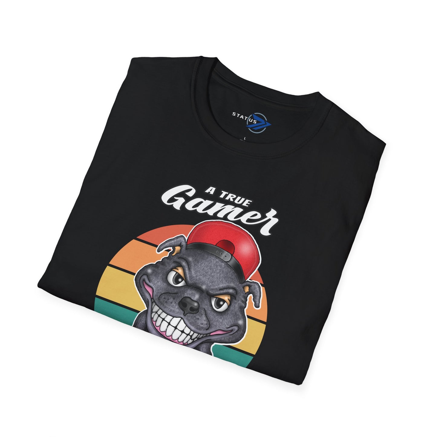 A True Gamer Never Paws T-Shirt — Retro Pit Bull Holding Game Controller Graphic Tee