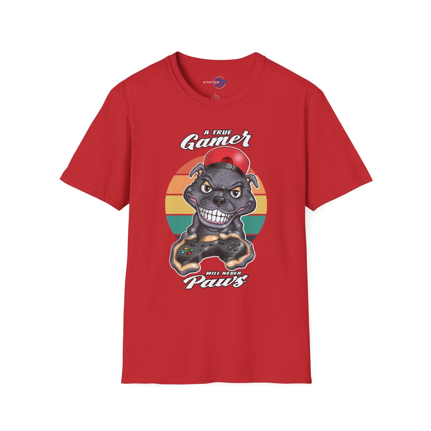 A True Gamer Never Paws T-Shirt — Retro Pit Bull Holding Game Controller Graphic Tee