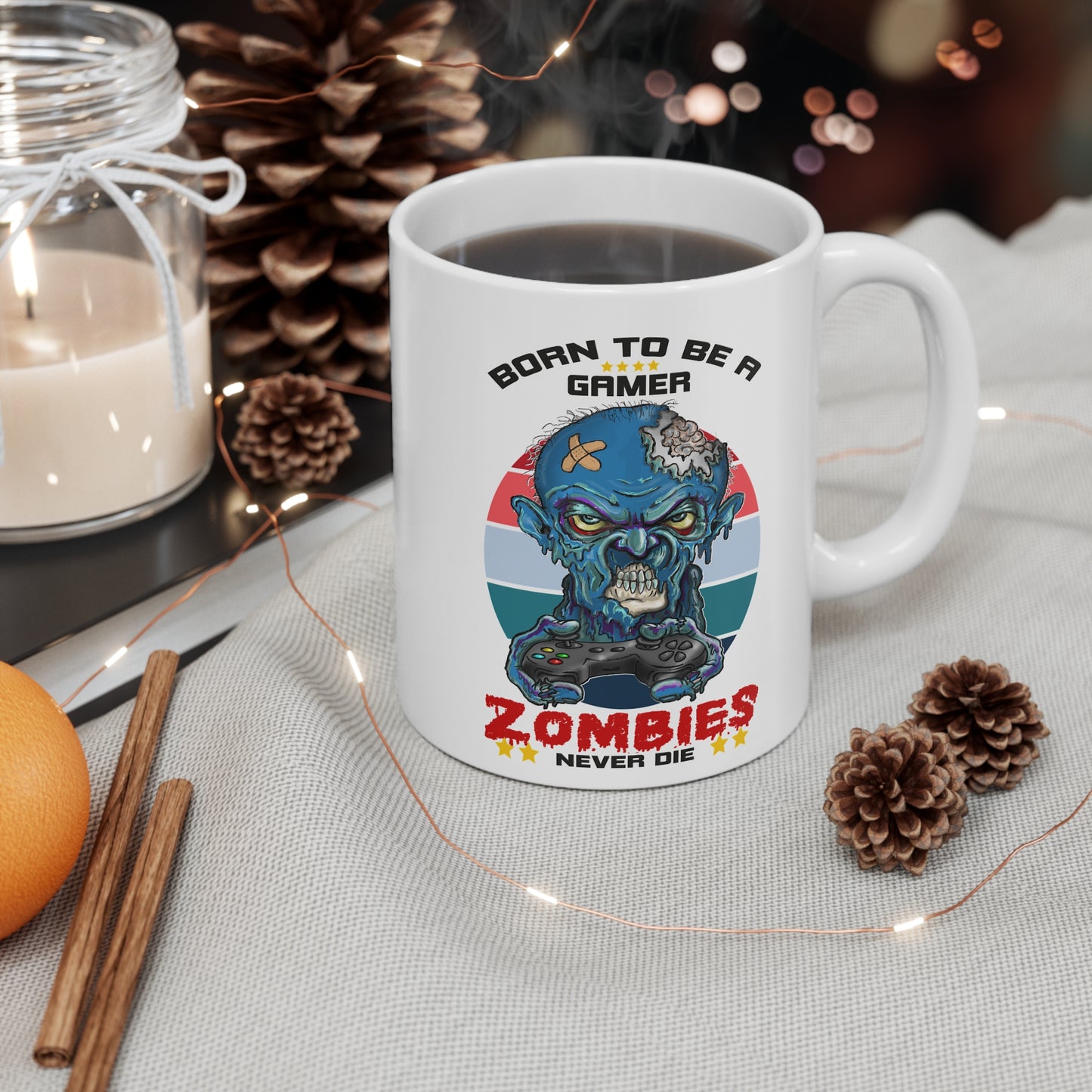 Gamer Mug — "Born to Be a Gamer, Zombies Never Die" Ceramic Coffee Cup