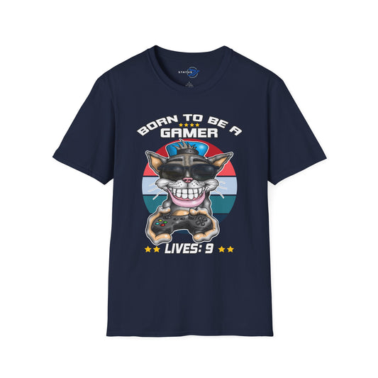 Gamer Cat T-Shirt – "Born to Be a Gamer" Retro Graphic (Lives: 9)