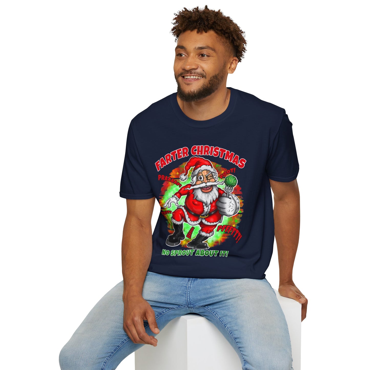 Funny Christmas T-Shirt — "Farter Christmas: No Sprout About It!" Santa Graphic Tee