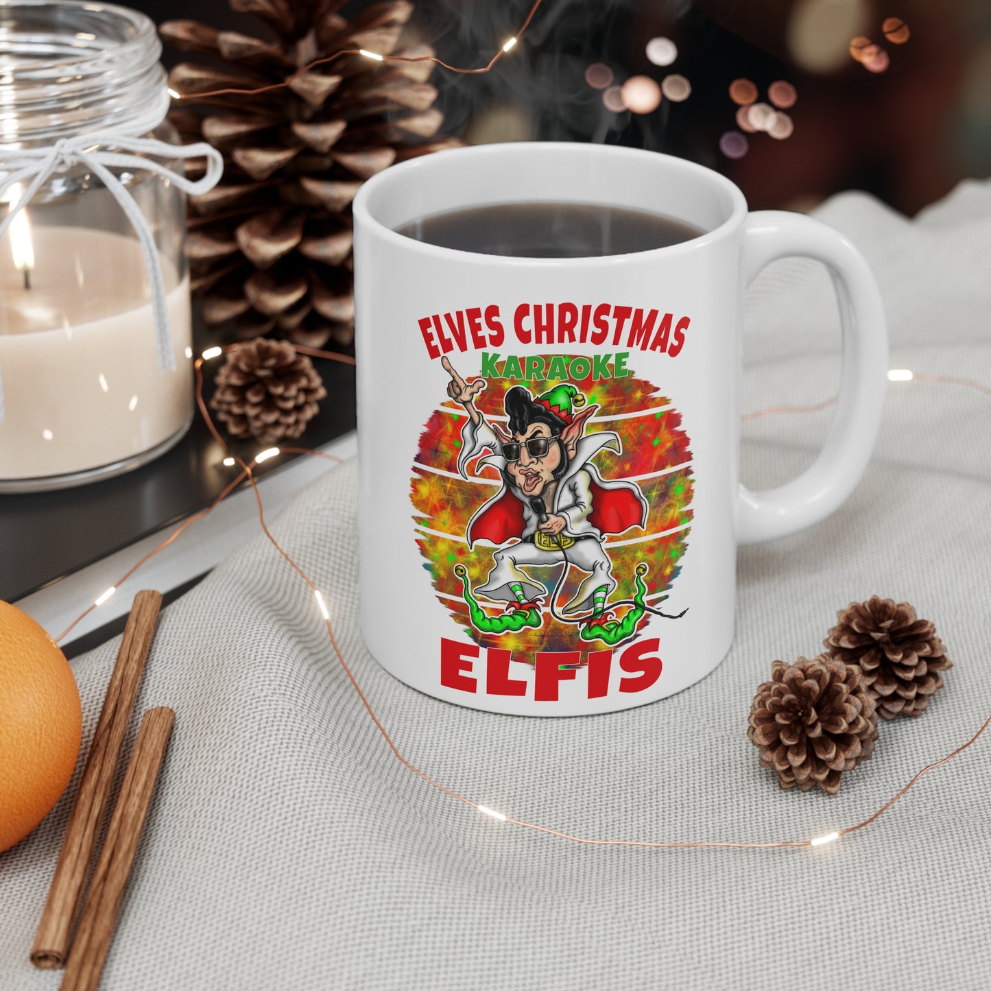 Christmas Mug — "Elfis" Karaoke Elf Ceramic Coffee Cup