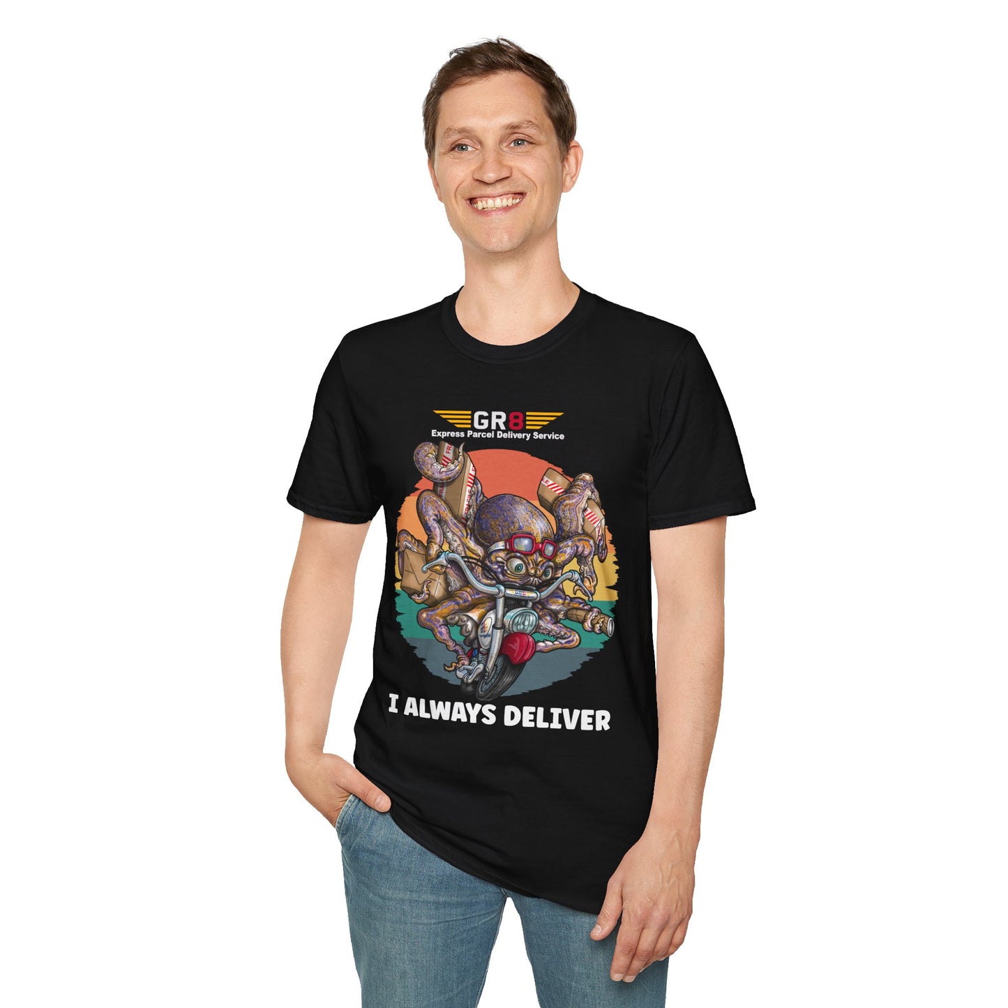 Delivery Octopus T-Shirt — "GR8 Express Parcel Delivery Service" Graphic Tee