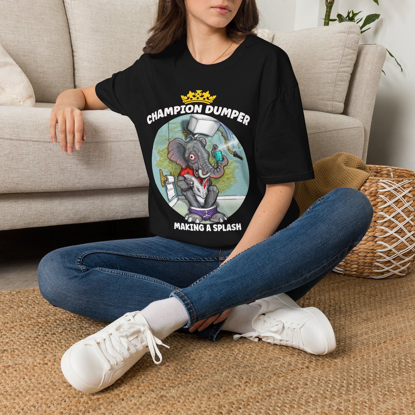 Champion Dumper T-Shirt — Funny Novelty Elephant 'Making a Splash' Tee