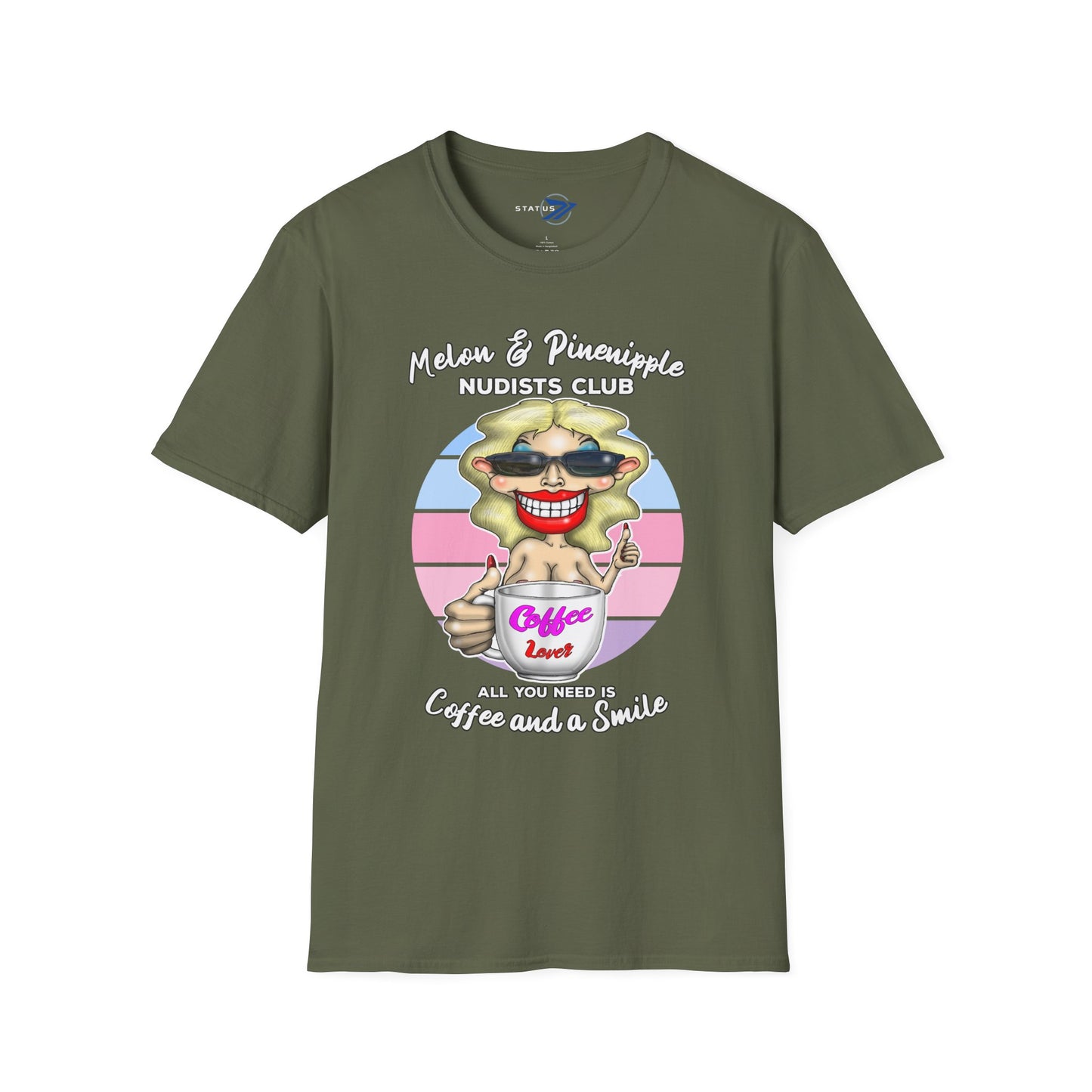 Melon & Pineapple Nudists Club T-Shirt — "All You Need Is Coffee and a Smile" Vintage Graphic Tee