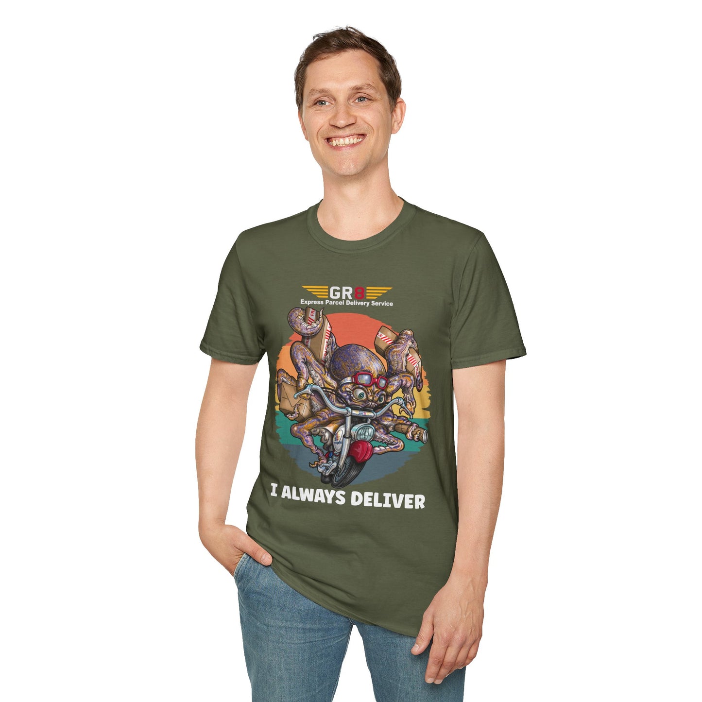 Delivery Octopus T-Shirt — "GR8 Express Parcel Delivery Service" Graphic Tee