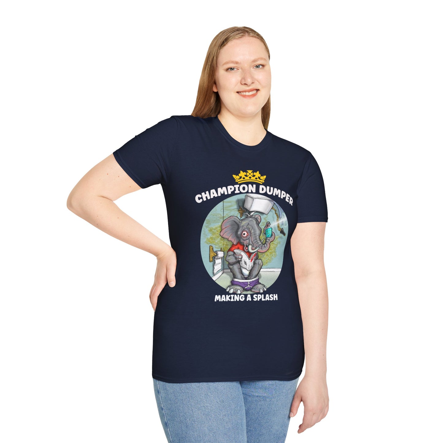 Champion Dumper T-Shirt — Funny Novelty Elephant 'Making a Splash' Tee