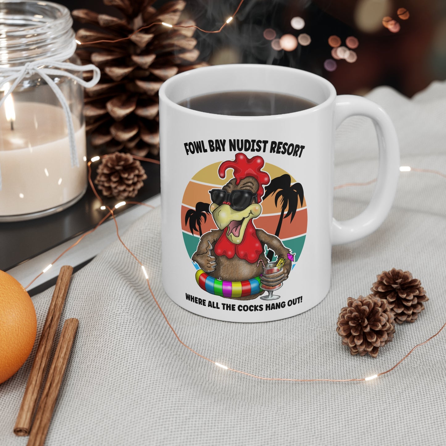 Fowl Bay Nudist Resort Mug — "Where All the Cocks Hang Out" Ceramic Coffee Cup