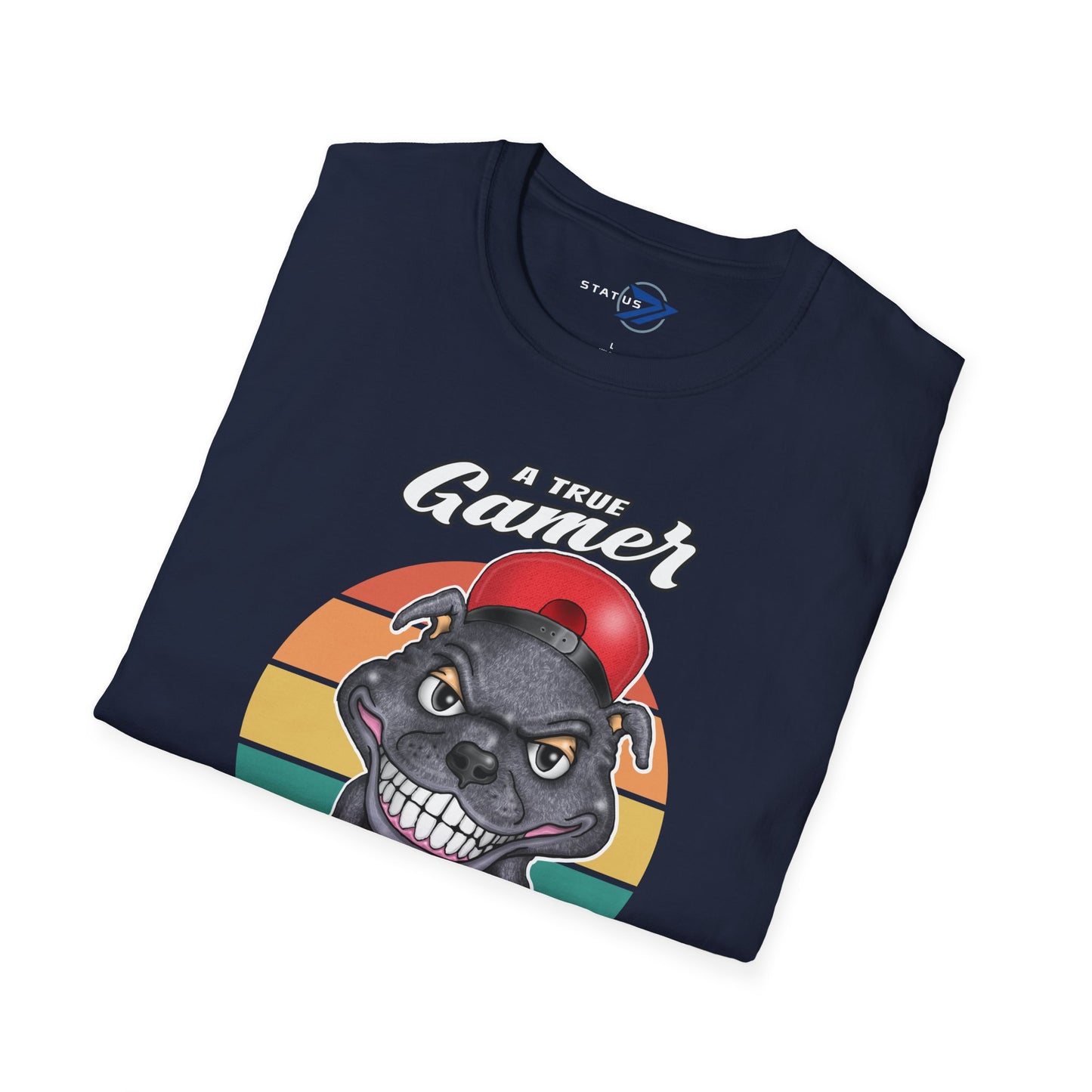 A True Gamer Never Paws T-Shirt — Retro Pit Bull Holding Game Controller Graphic Tee