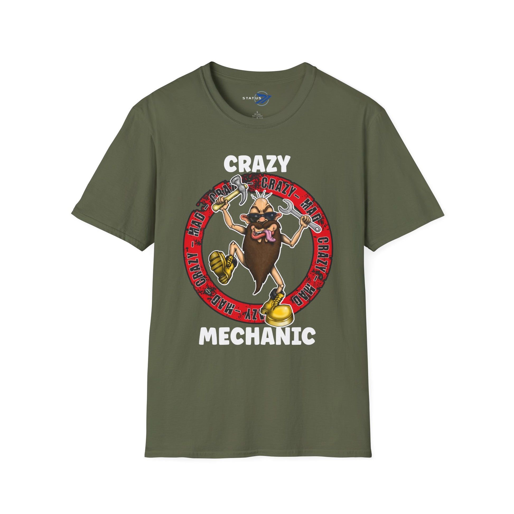 Crazy Mechanic T-Shirt — Funny Wrench Cartoon Tee for Auto Technicians