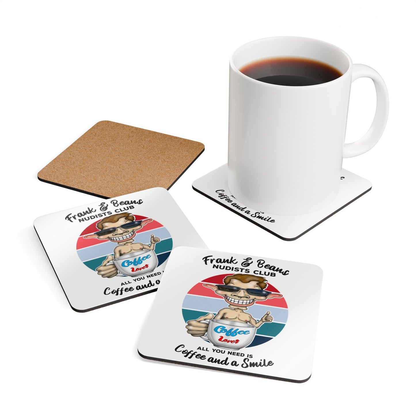 Cork Coaster - "Frank & Beans Nudists Club" Coffee Lover Corkwood Coaster Set