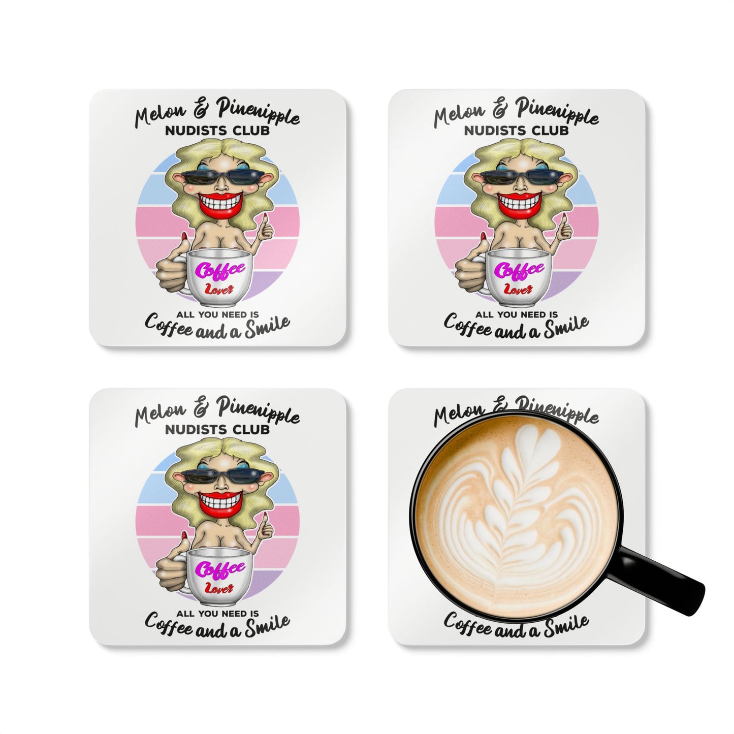 Cork Coaster Set — 'Melon & Pineapple Nudists Club' Coffee Lover Drink Coasters (All You Need Is Coffee and a Smile)