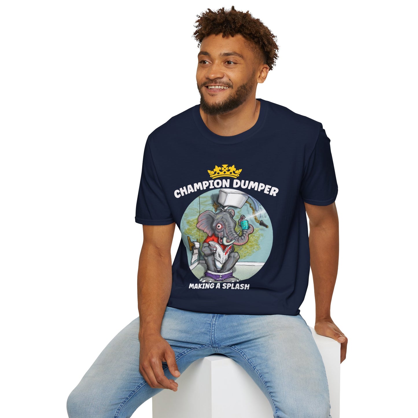 Champion Dumper T-Shirt — Funny Novelty Elephant 'Making a Splash' Tee