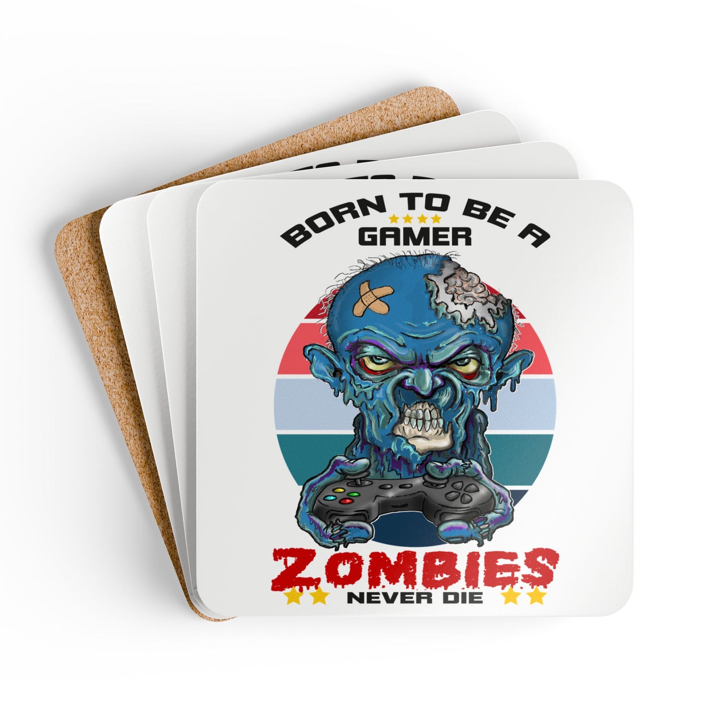 Zombie Gamer Cork Coaster Set — "Born to Be a Gamer, Zombies Never Die"