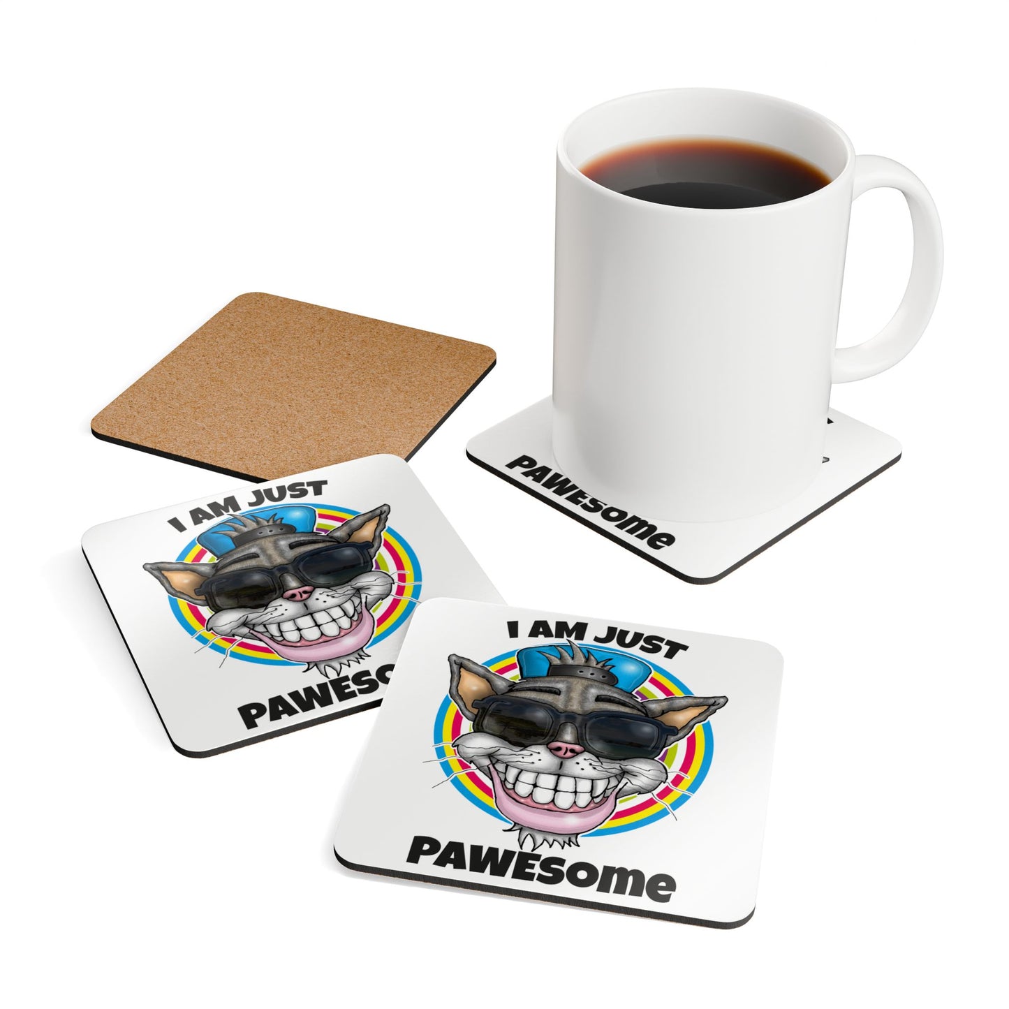 Pawesome Cat Cork Coaster Set – Funny 'I Am Just Pawesome' Drink Coasters