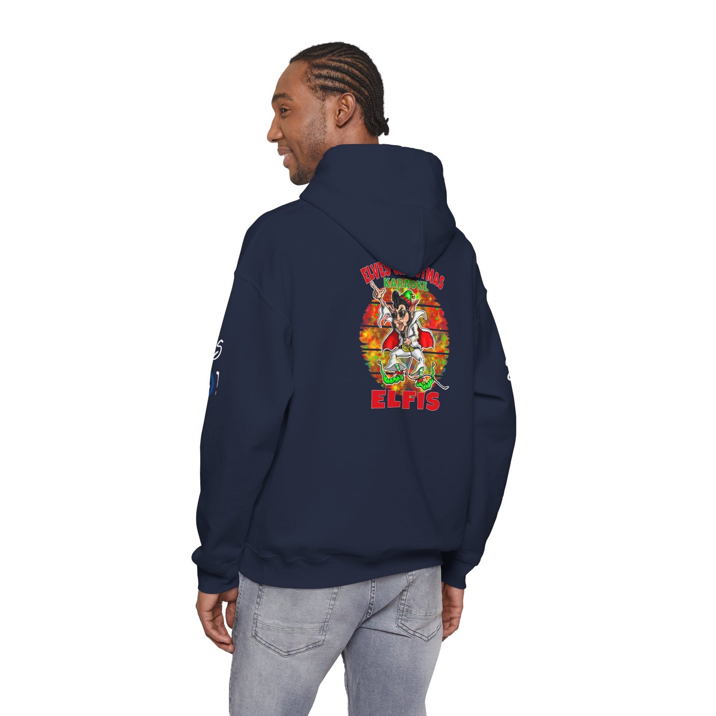 Christmas Elfis rock 'n' roll Elf Hoodie — “Elves karaoke party” Funny Holiday Pullover