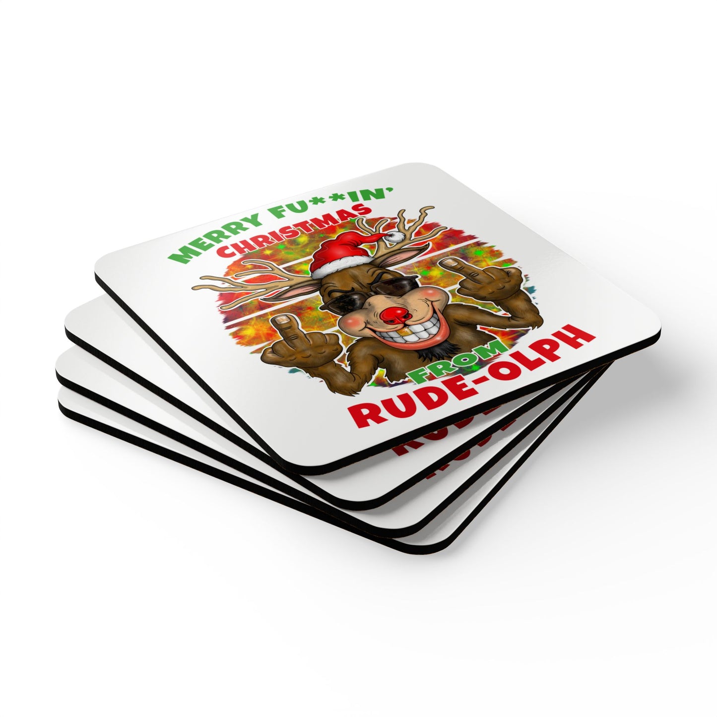 Rudolph Cork Coaster Set — "Merry Fu**in' Christmas from Rude-olph" Novelty Holiday Drink Coasters