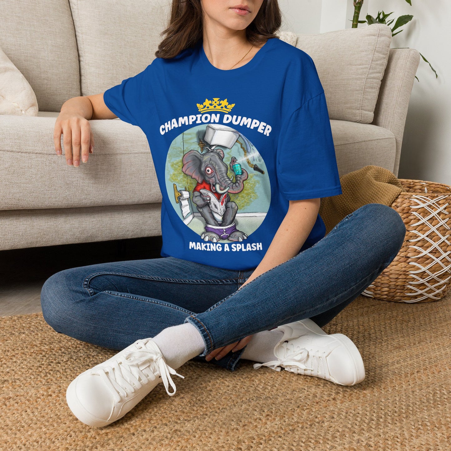 Champion Dumper T-Shirt — Funny Novelty Elephant 'Making a Splash' Tee