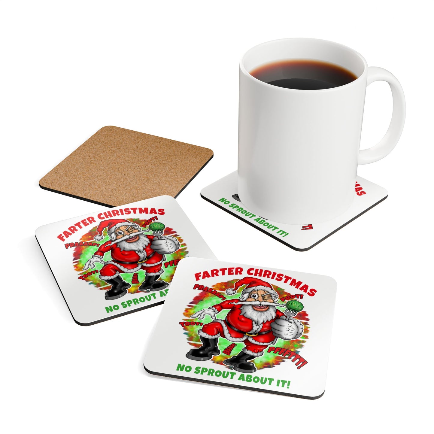 Funny Christmas Coasters — “Farter Christmas: No Sprout About It!” Holiday Drink Coaster Set