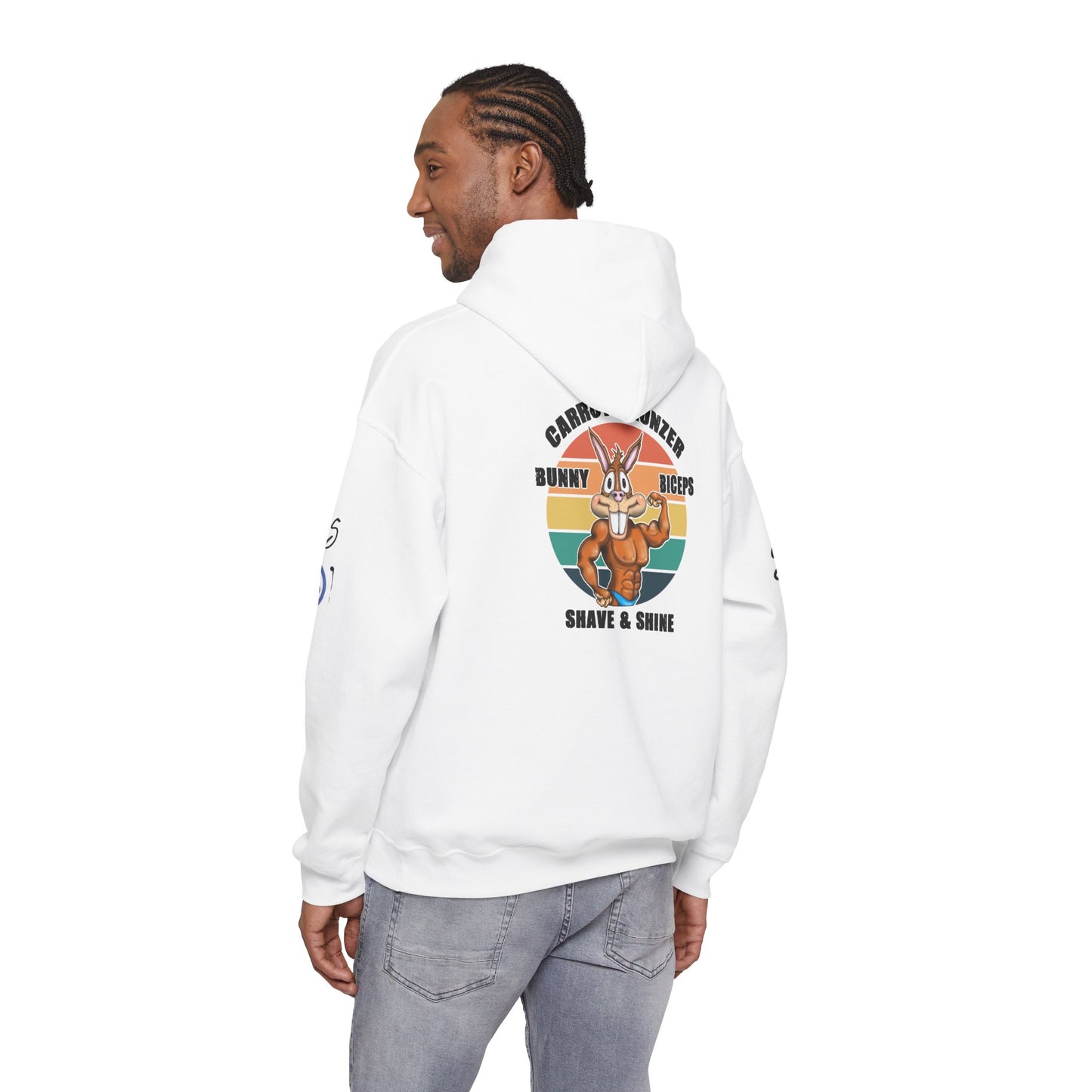 Funny 'Gym Bunny' Hoodie — Bunny Biceps & Carrot Bronzer Design
