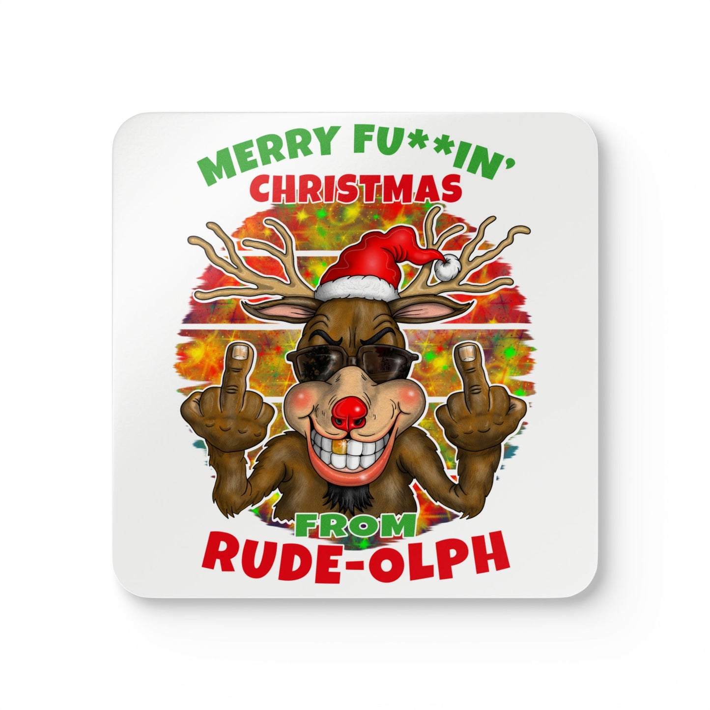 Rudolph Cork Coaster Set — "Merry Fu**in' Christmas from Rude-olph" Novelty Holiday Drink Coasters