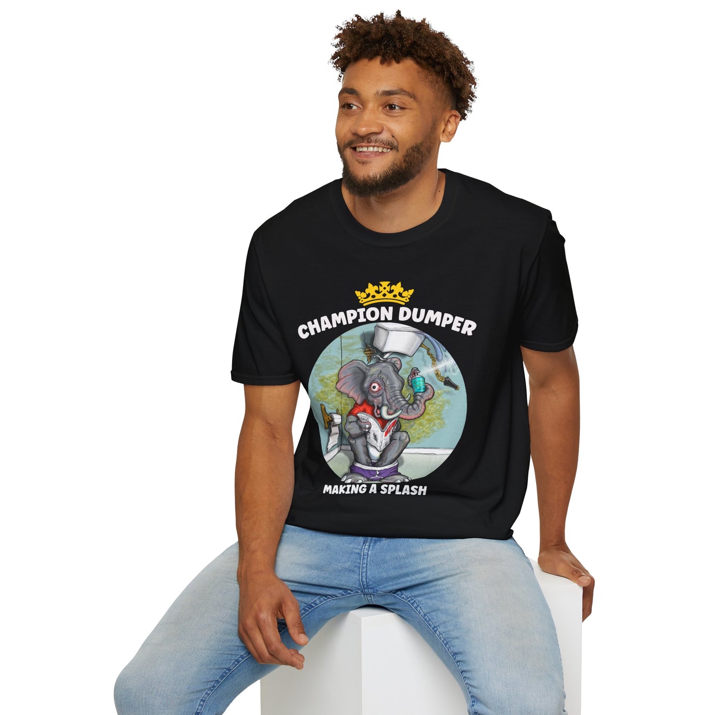 Champion Dumper T-Shirt — Funny Novelty Elephant 'Making a Splash' Tee