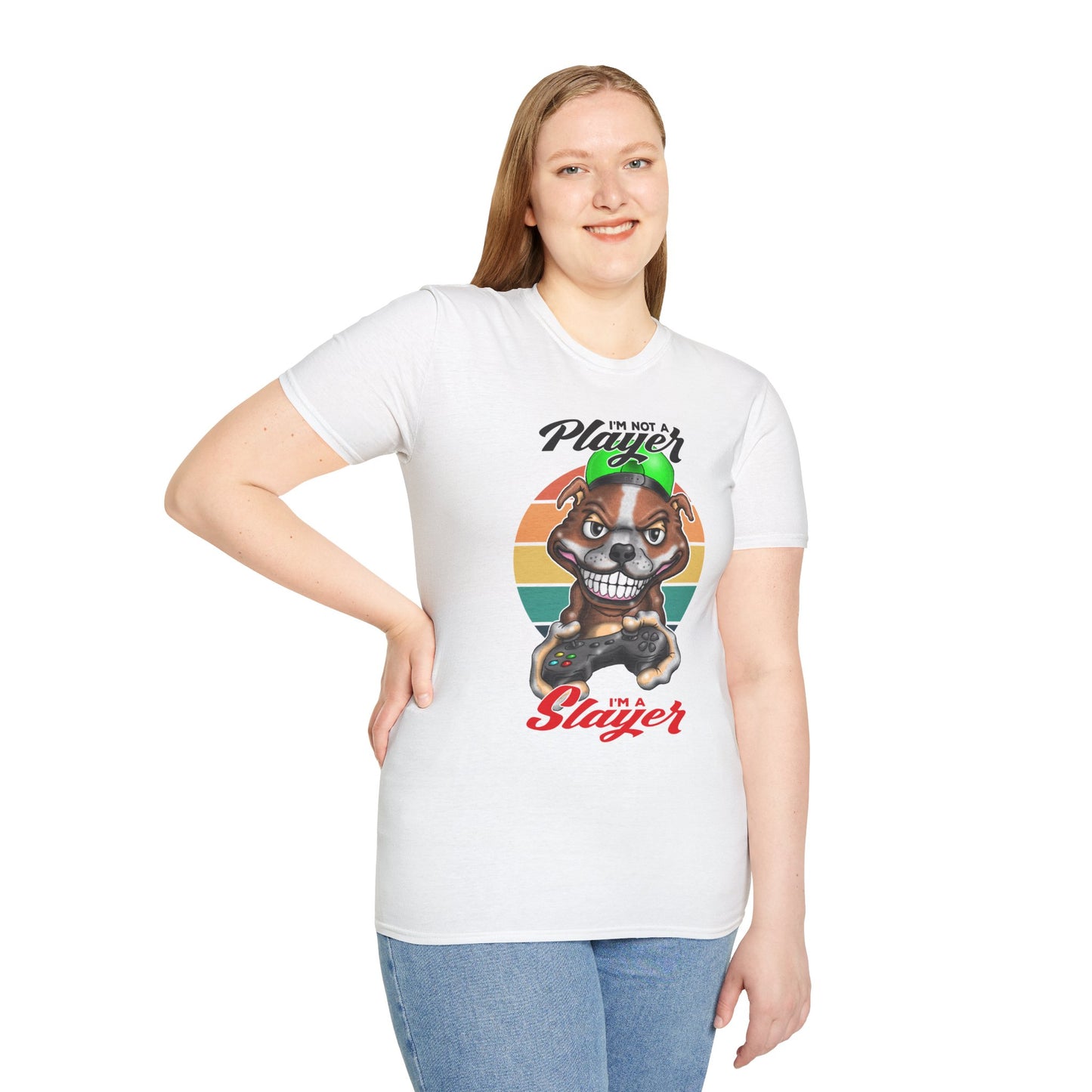 I'm Not A Player I'm A Slayer T-Shirt — Gamer Retro Pit Bull Graphic Tee