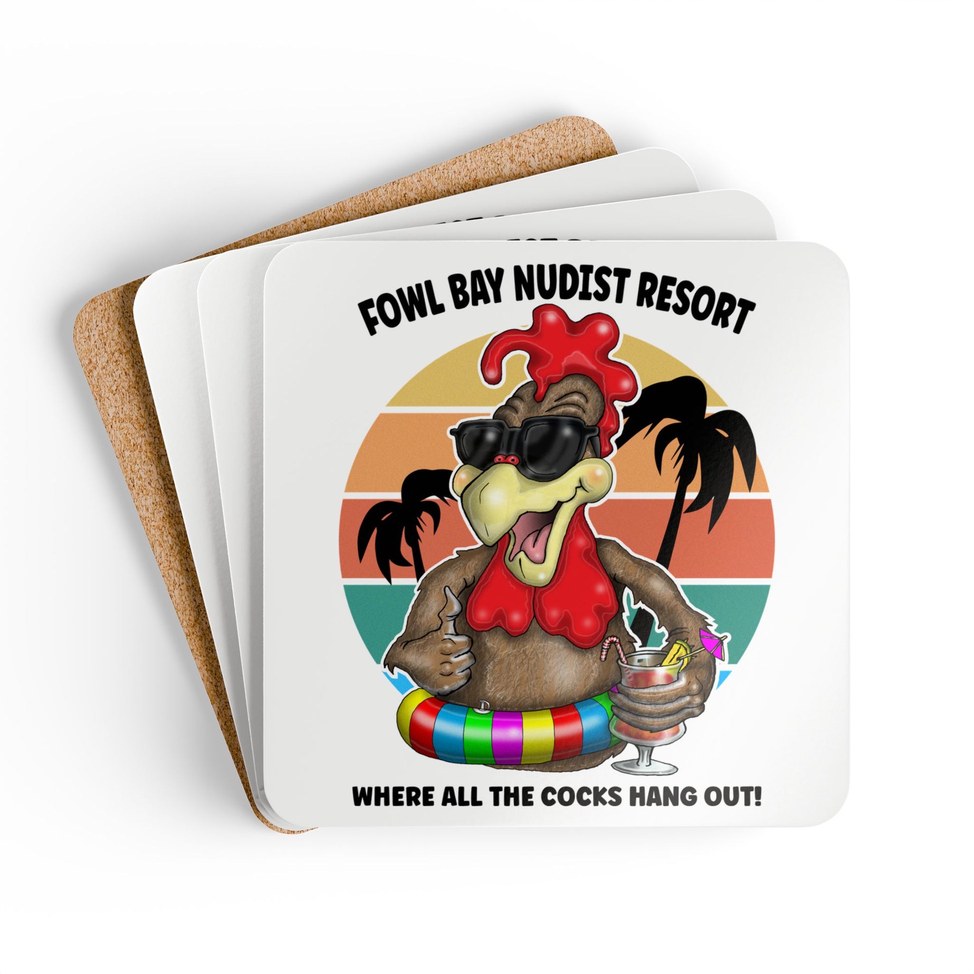 Cork Coaster Set – "Fowl Bay Nudist Resort" Rooster Design (Where All the Cocks Hang Out)