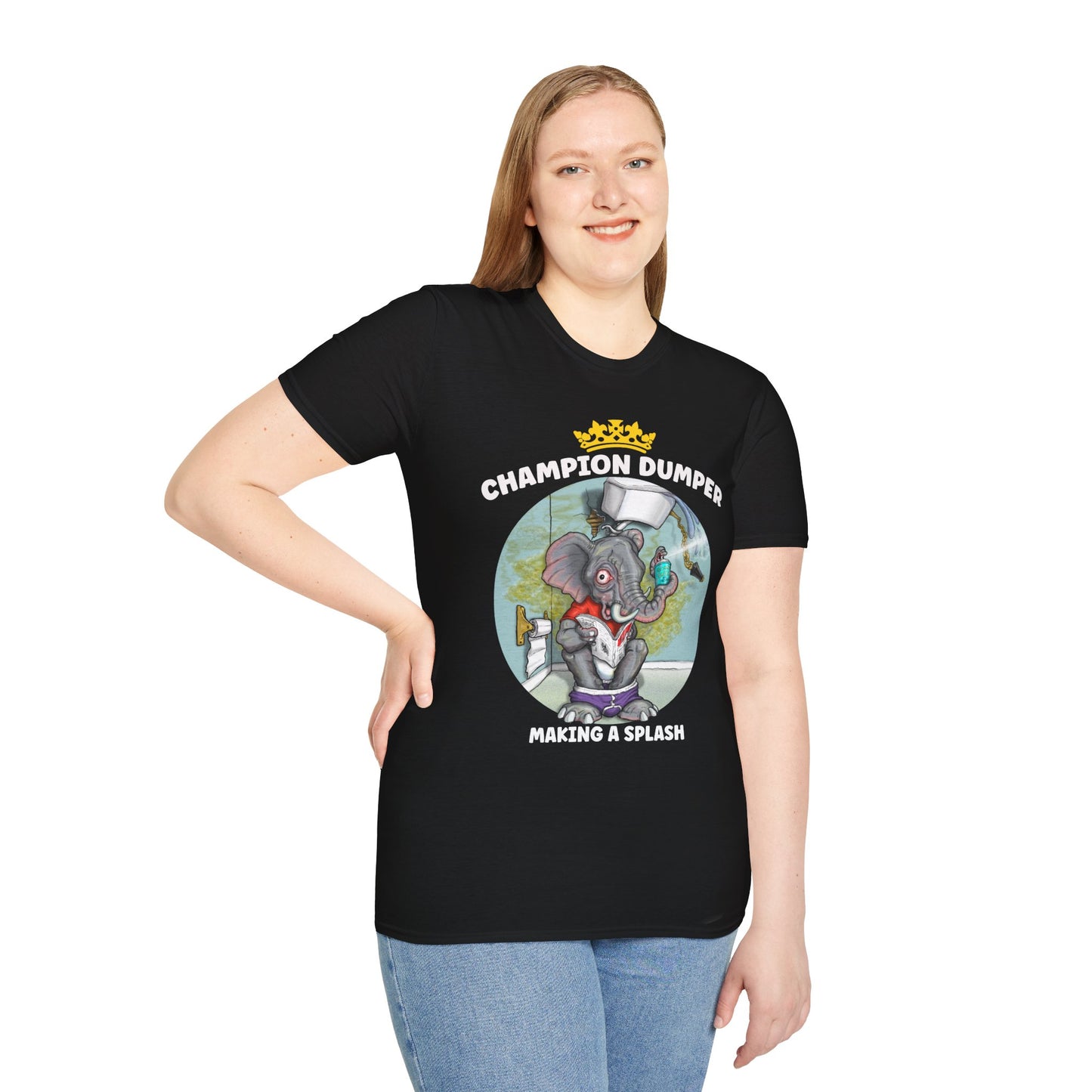 Champion Dumper T-Shirt — Funny Novelty Elephant 'Making a Splash' Tee