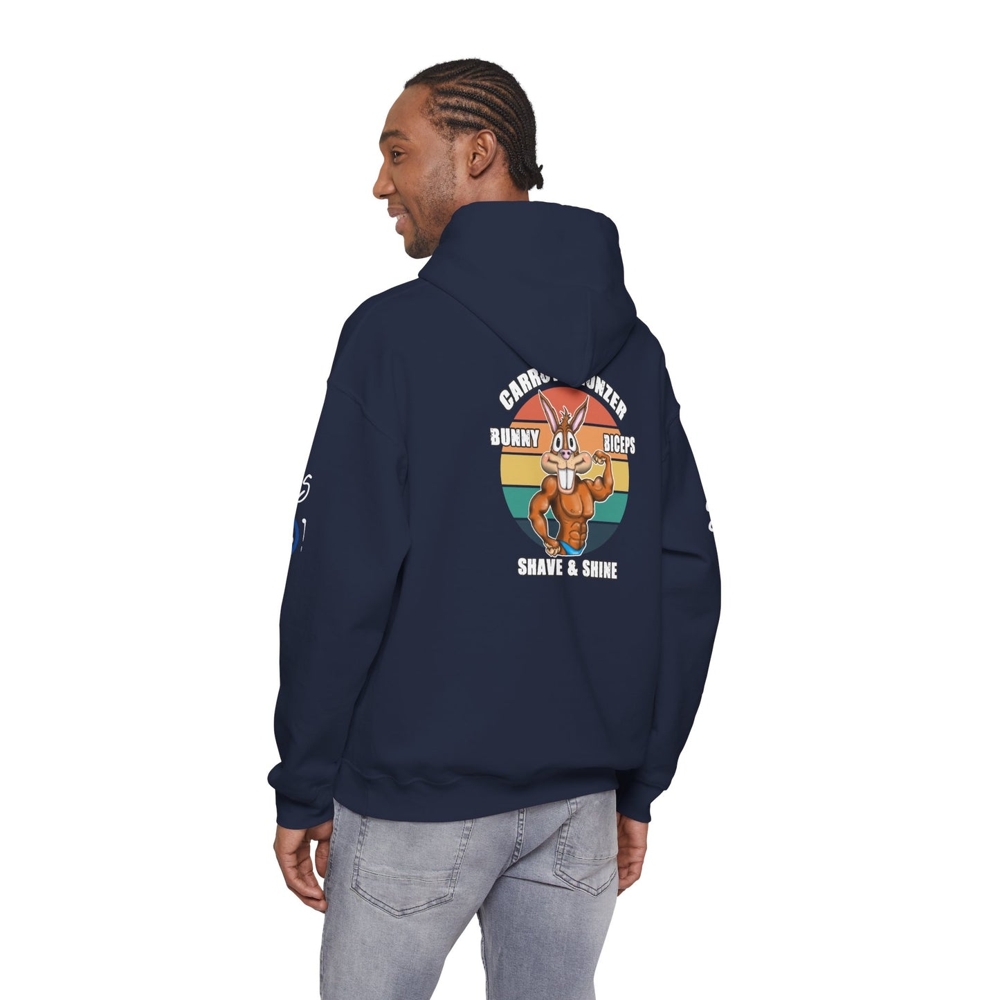 Funny 'Gym Bunny' Hoodie — Bunny Biceps & Carrot Bronzer Design