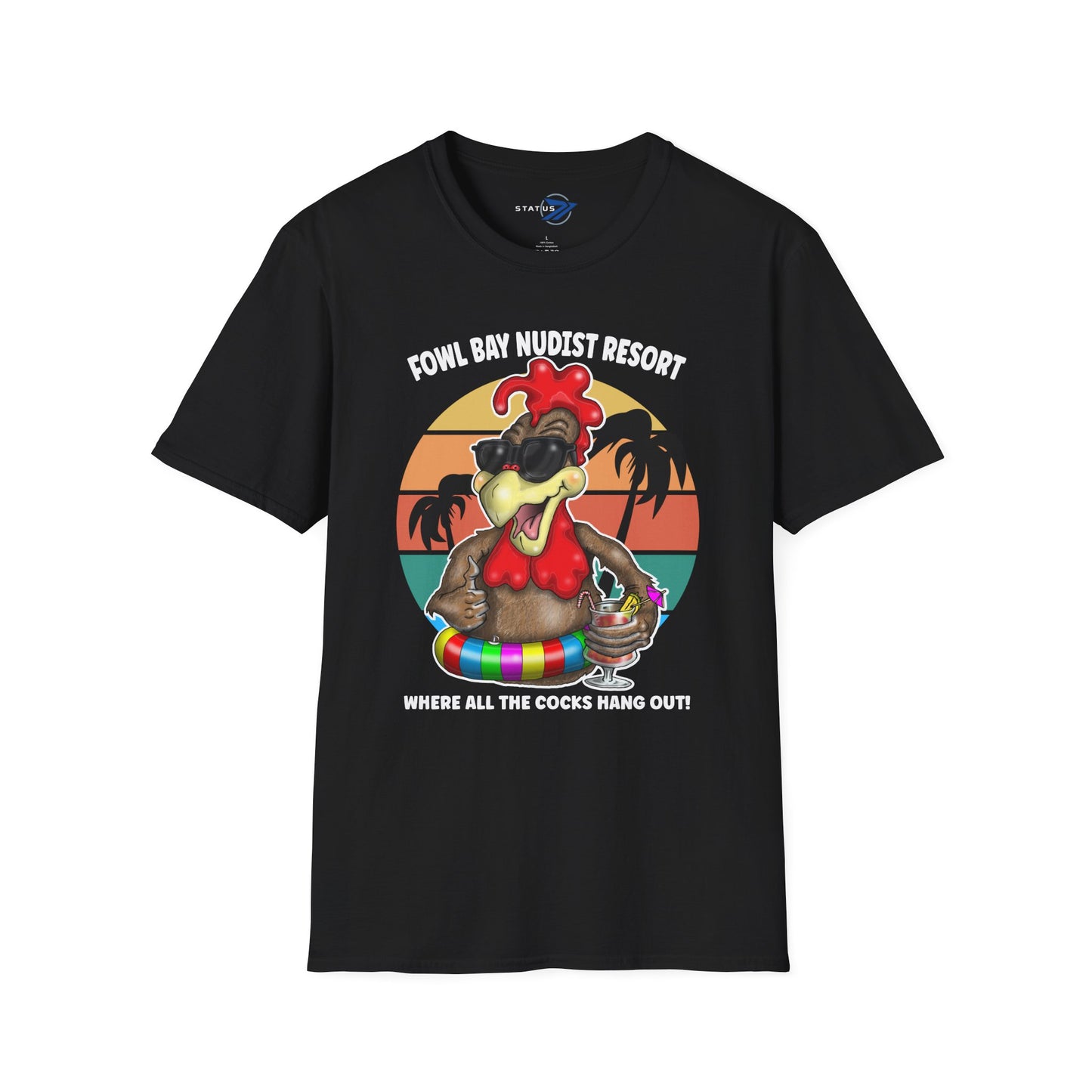 T-Shirt – Fowl Bay Nudist Resort Rooster Graphic Tee (Where All the Cocks Hang Out!)