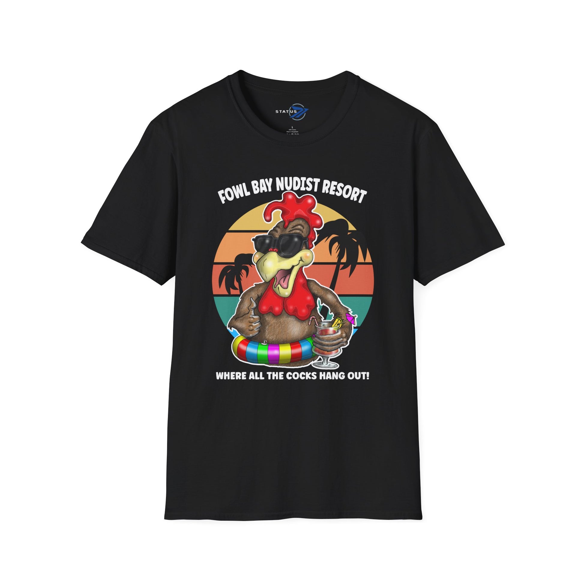 T-Shirt – Fowl Bay Nudist Resort Rooster Graphic Tee (Where All the Cocks Hang Out!)